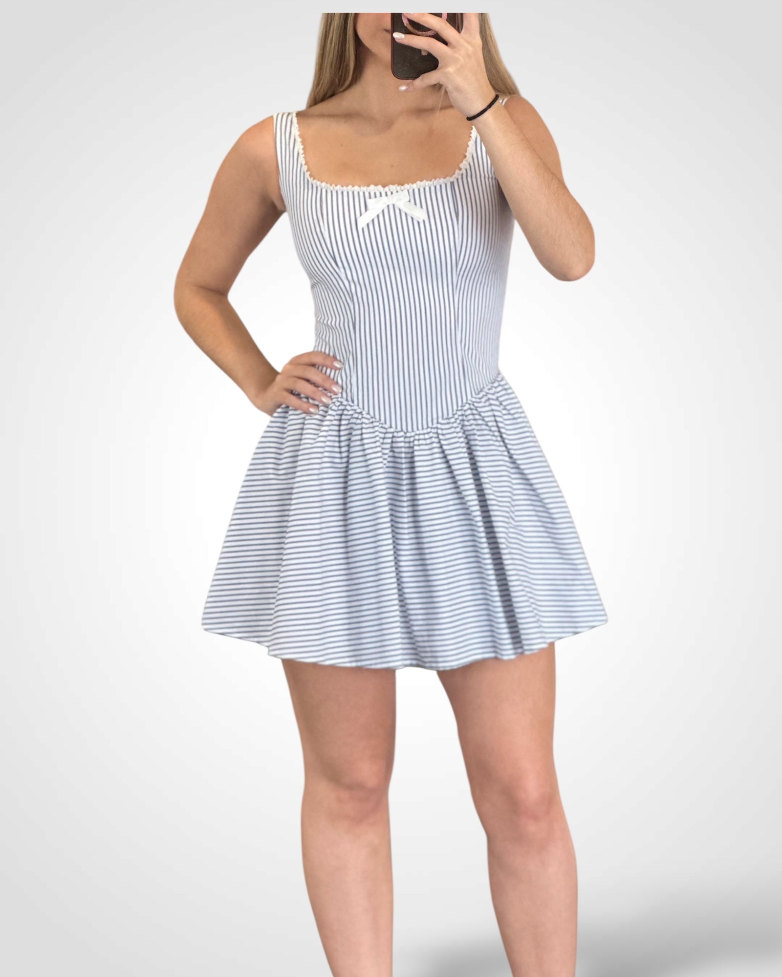 Thin Stripe Print Square Neck Lace Trim Mini Dress