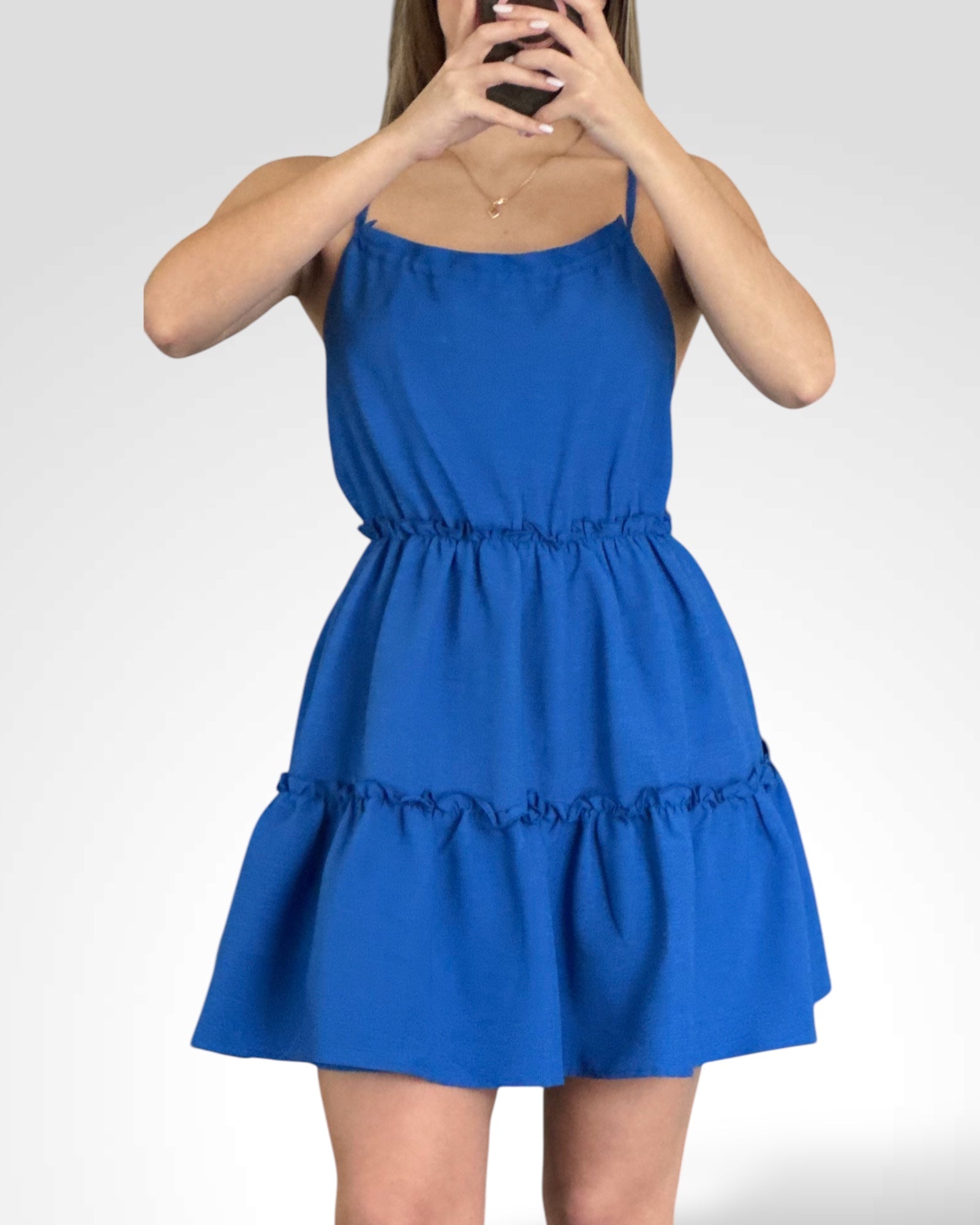 HALTER NECK OPEN BACK FLARE MINI DRESS•