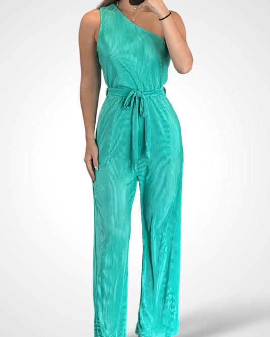 ONE SHOULDER PLISSE W/ SASH JUMPSUIT