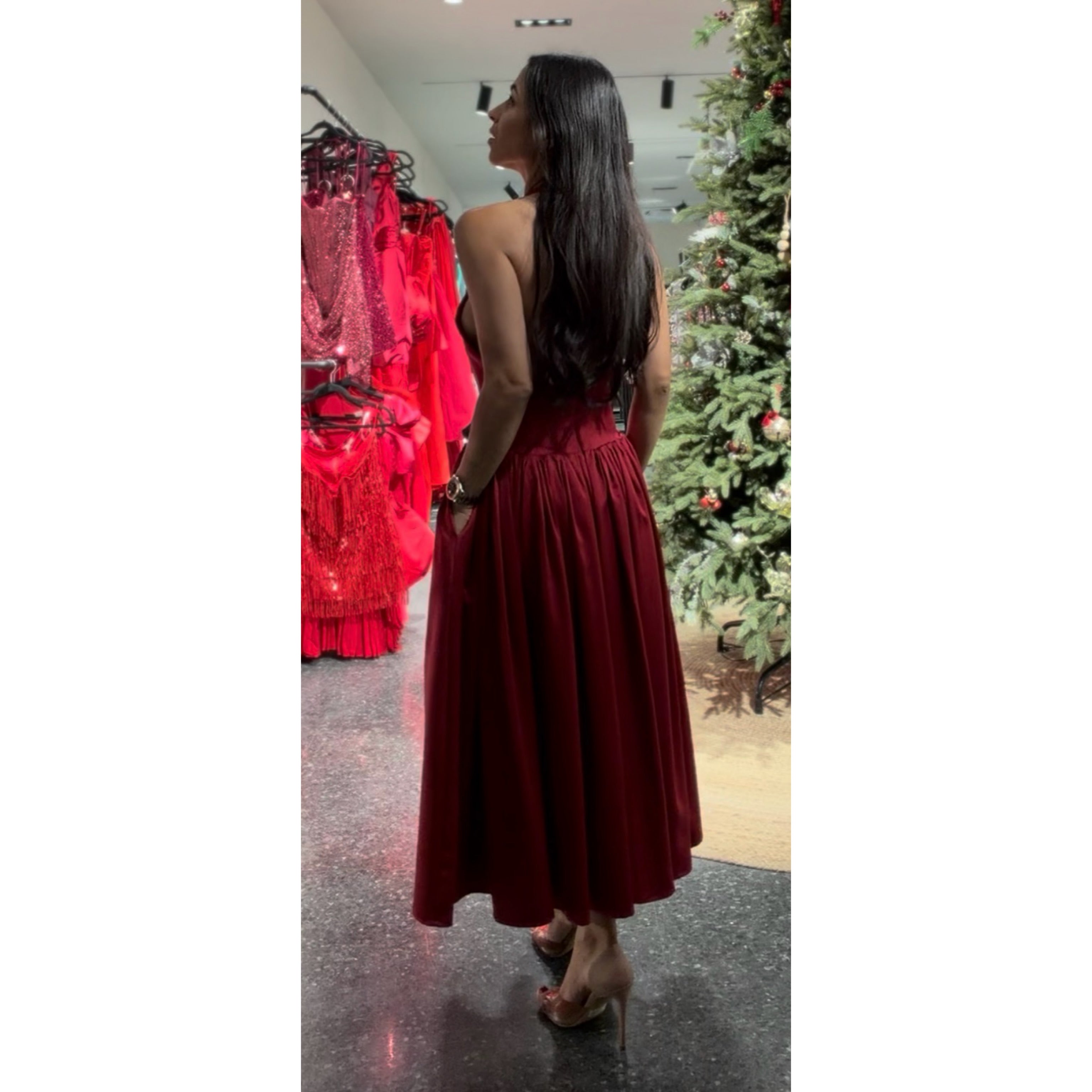 CARA RED PLUNGING HALTER BACKLESS MAXI DRESS•-5