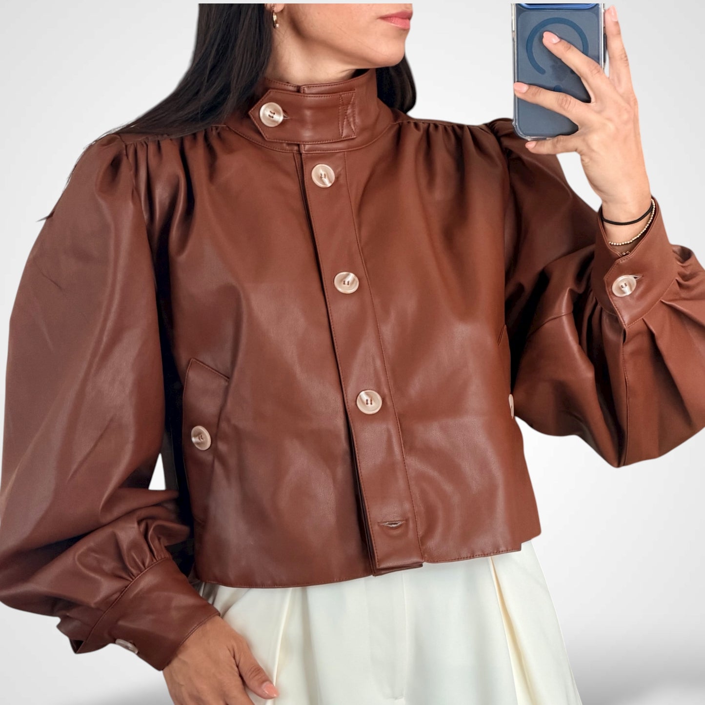 PUFF SLEEVE FAUX LEATHER CROP JACKET