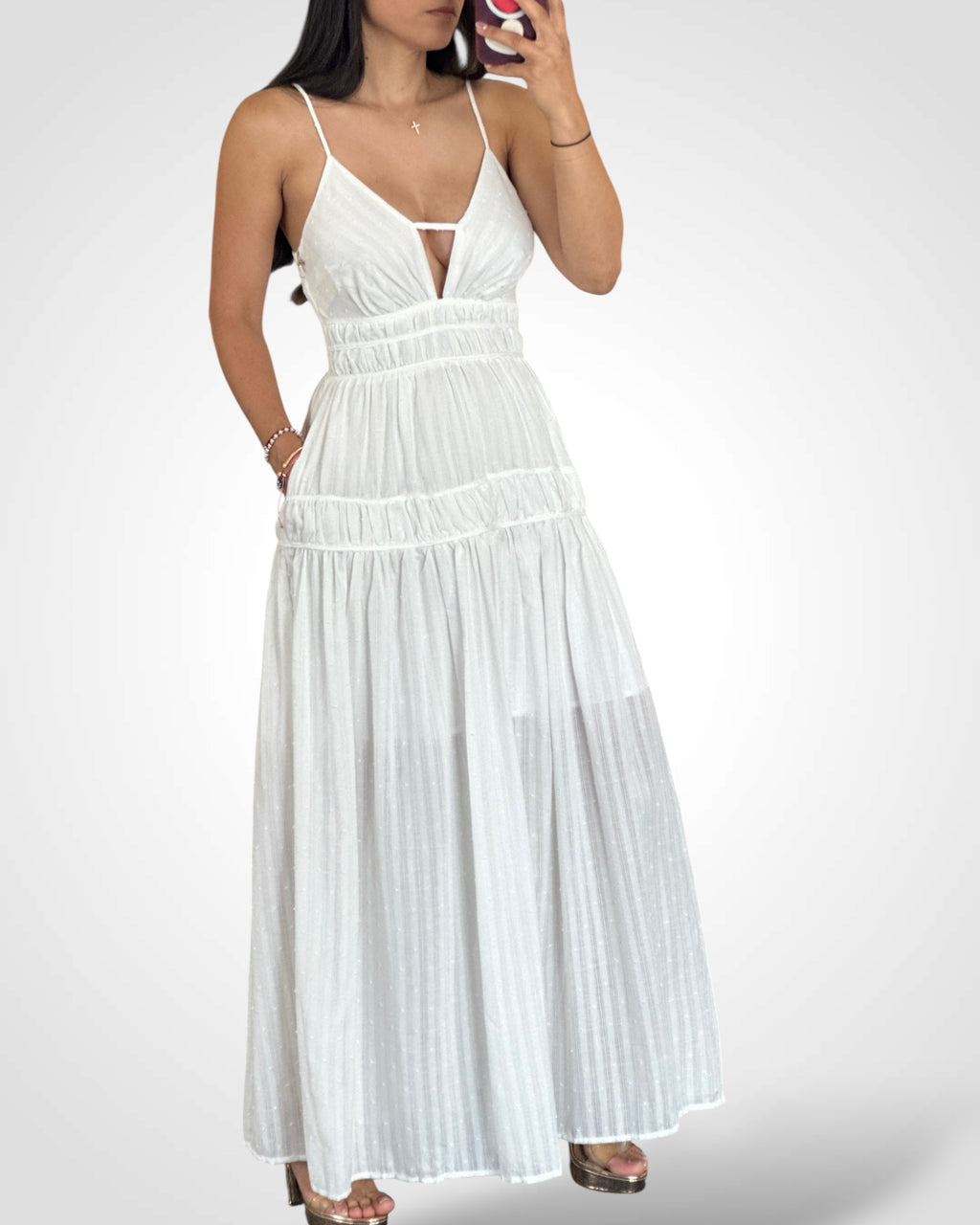 SJQ- V NECK RUCHED WAIST SWISS DOT MAXI DRESS