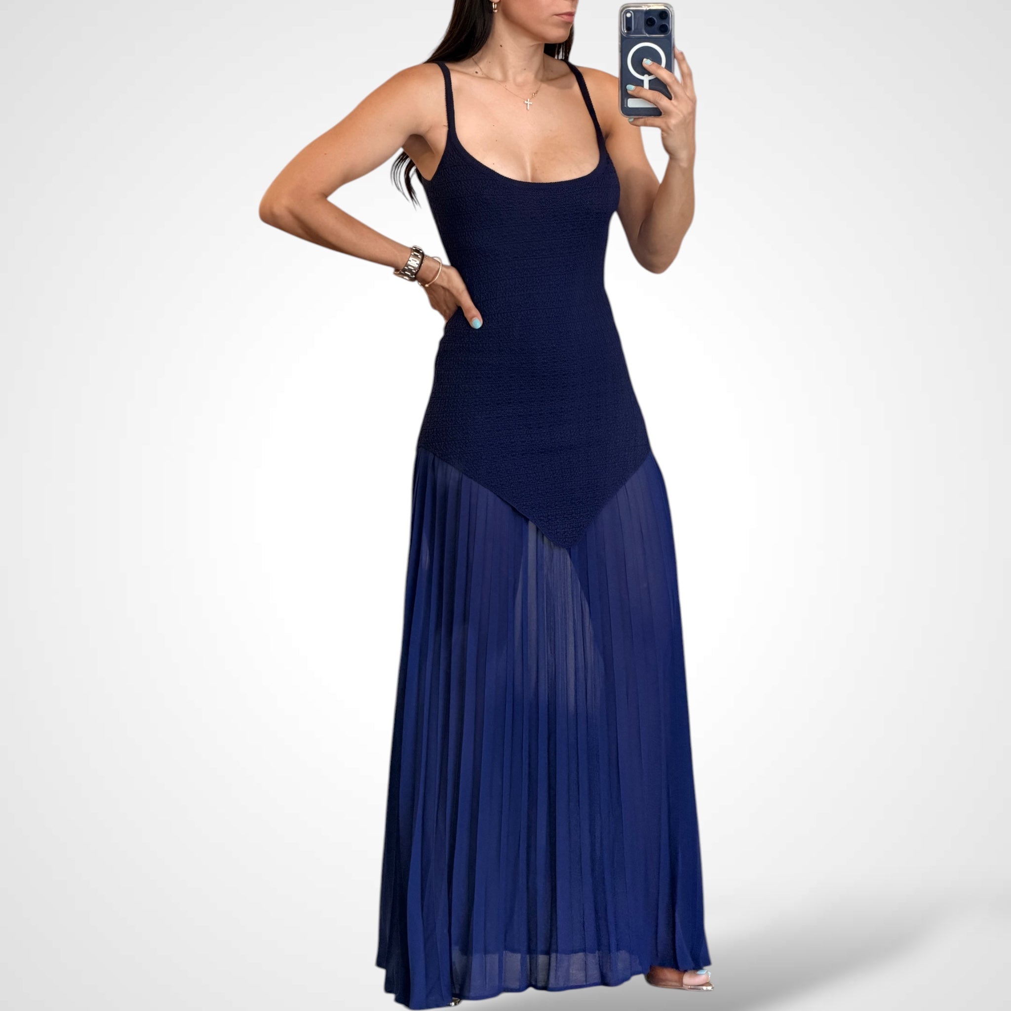 Sleeveless Sheer Knit Contrast Maxi Dress