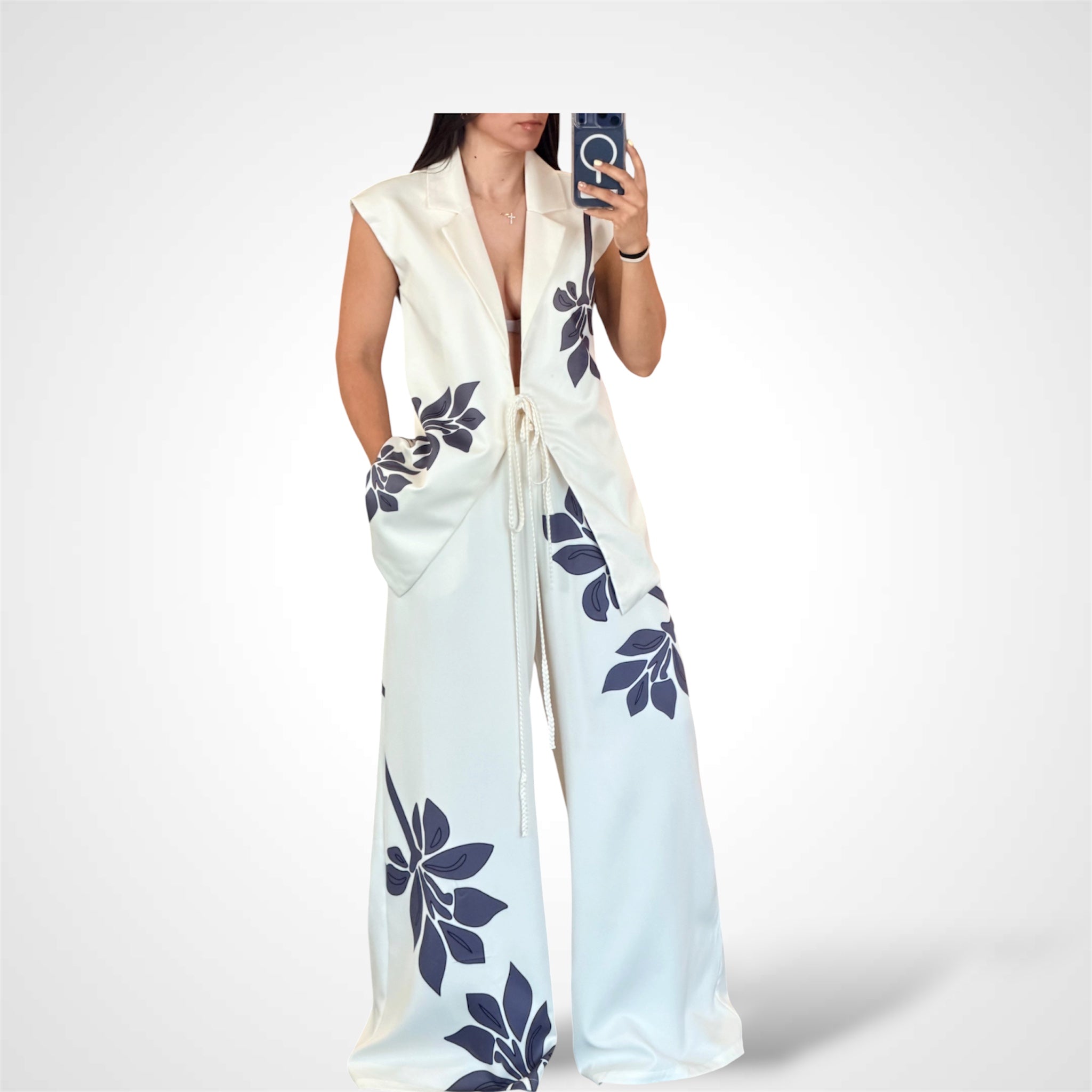 Botanical Print Wrap Vest and Wide Leg Pants Set-1