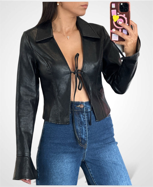 Black Pu Collar Top