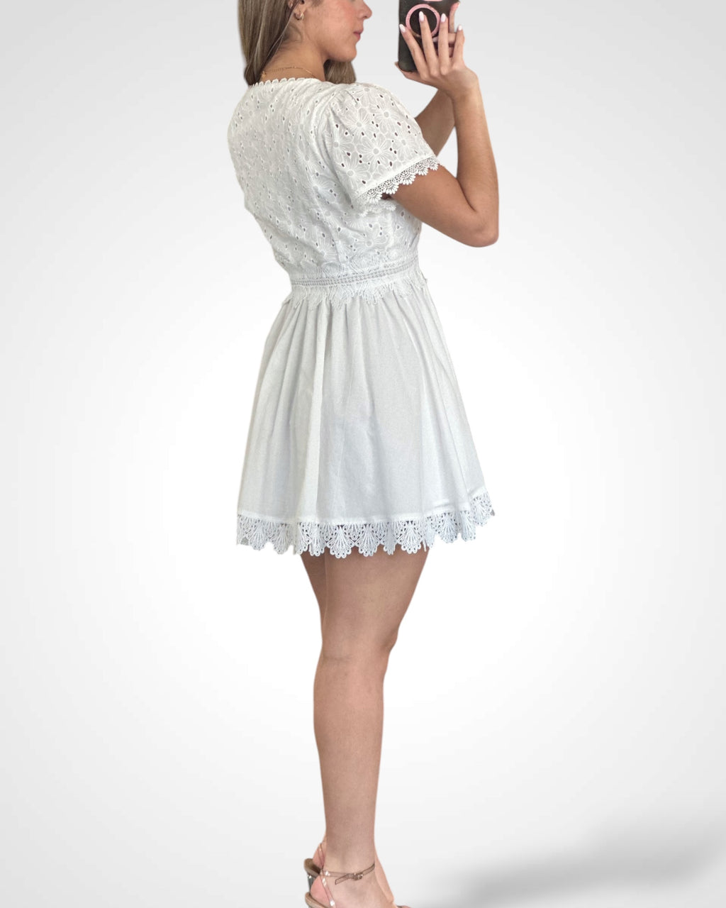 EYELET LACE FIT AND FLARE MINI DRESS