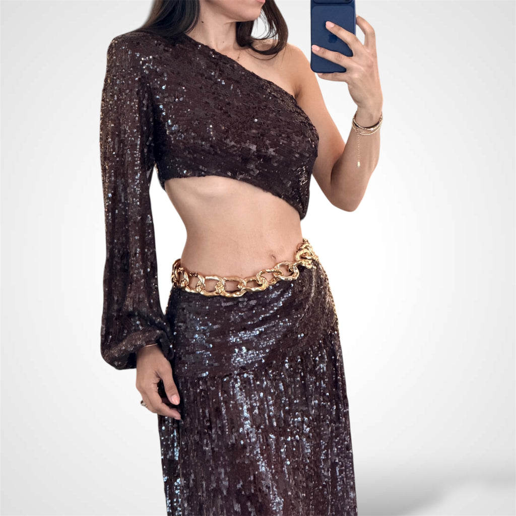 BROWN ONE SHOULDER CUTOUT MAXI DRESS