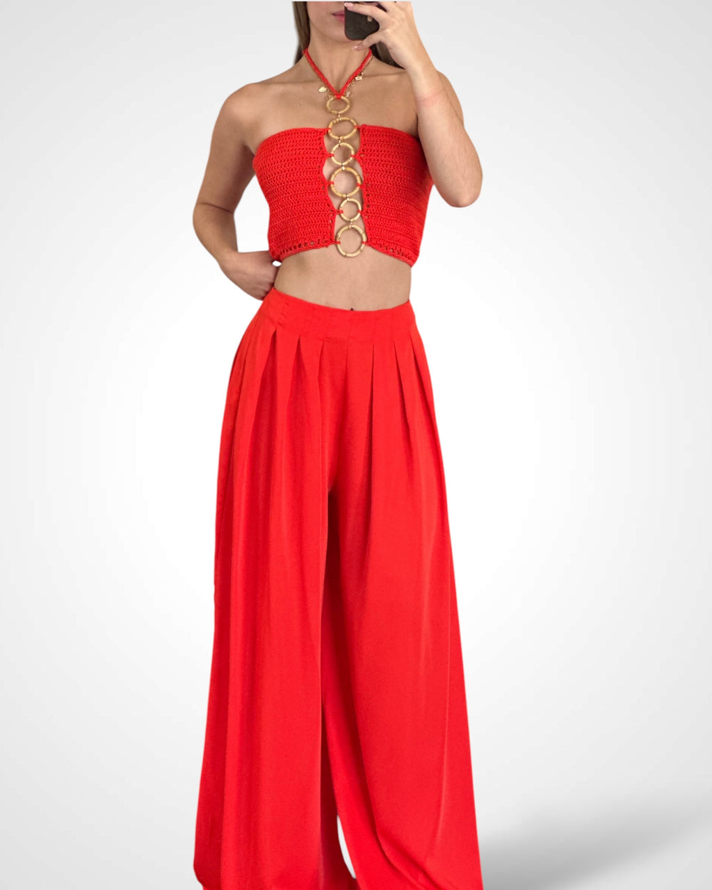 SJQ - 2PC HALTER NECK TOP PRINTED WIDE LEG PANTS