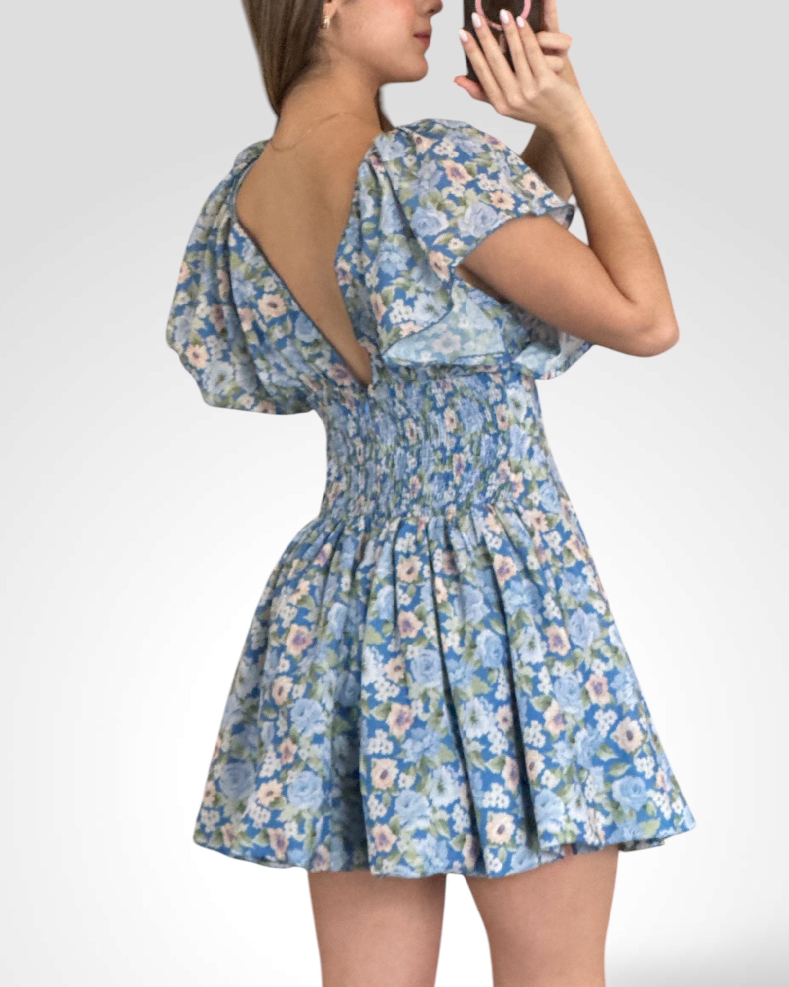 FLORAL FLUTTER SLEEVE PLEATED WAIST MINI DRESS
