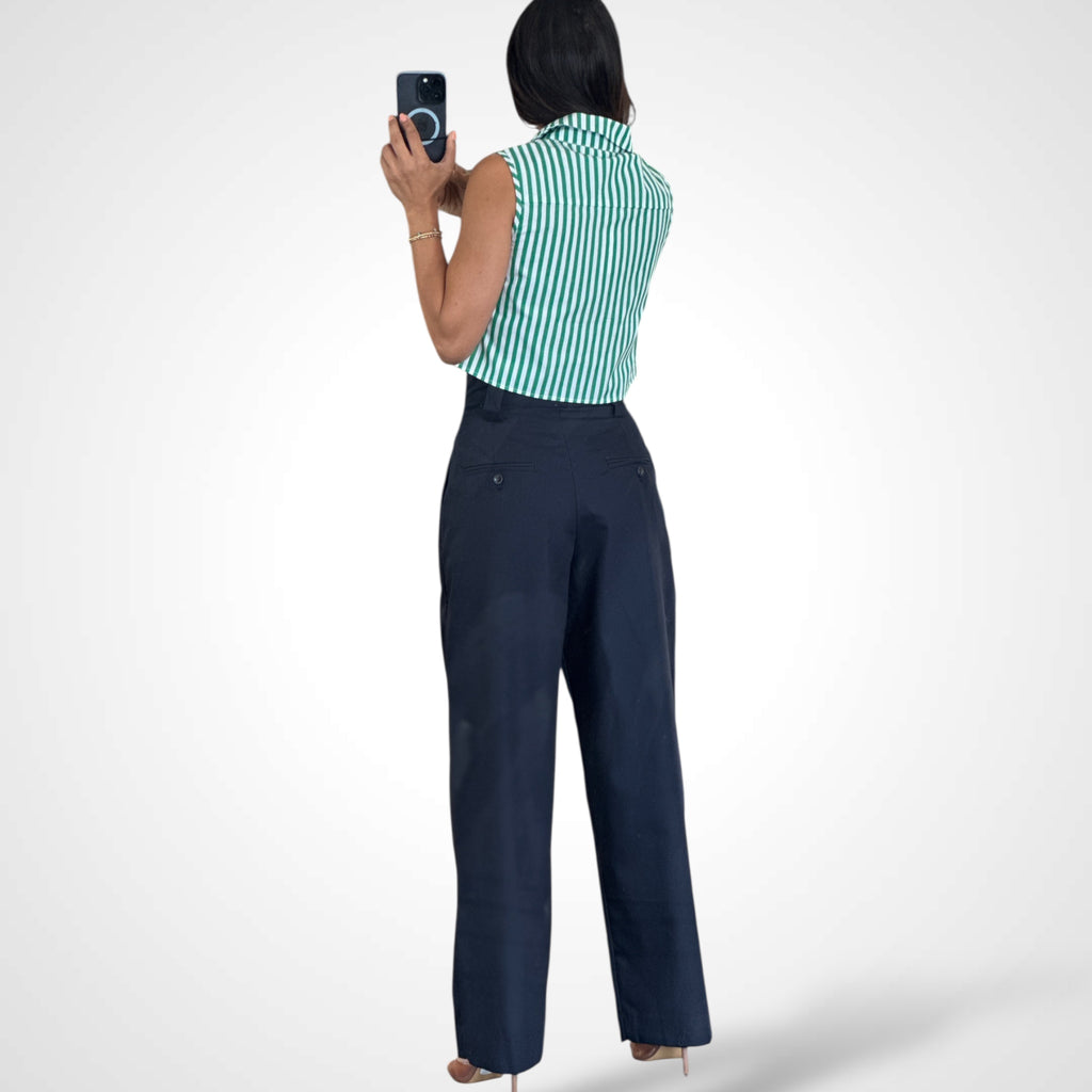 MID-RISE PINTUCK WAIST CONTRAST SUIT PANTS