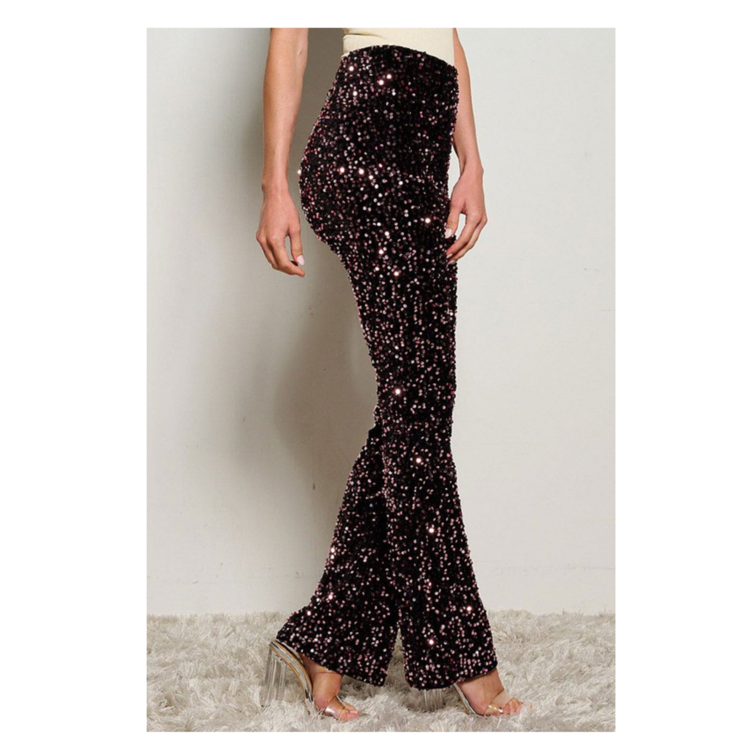 ZIP UP SEQUINS WIDE LEG PANTS•
