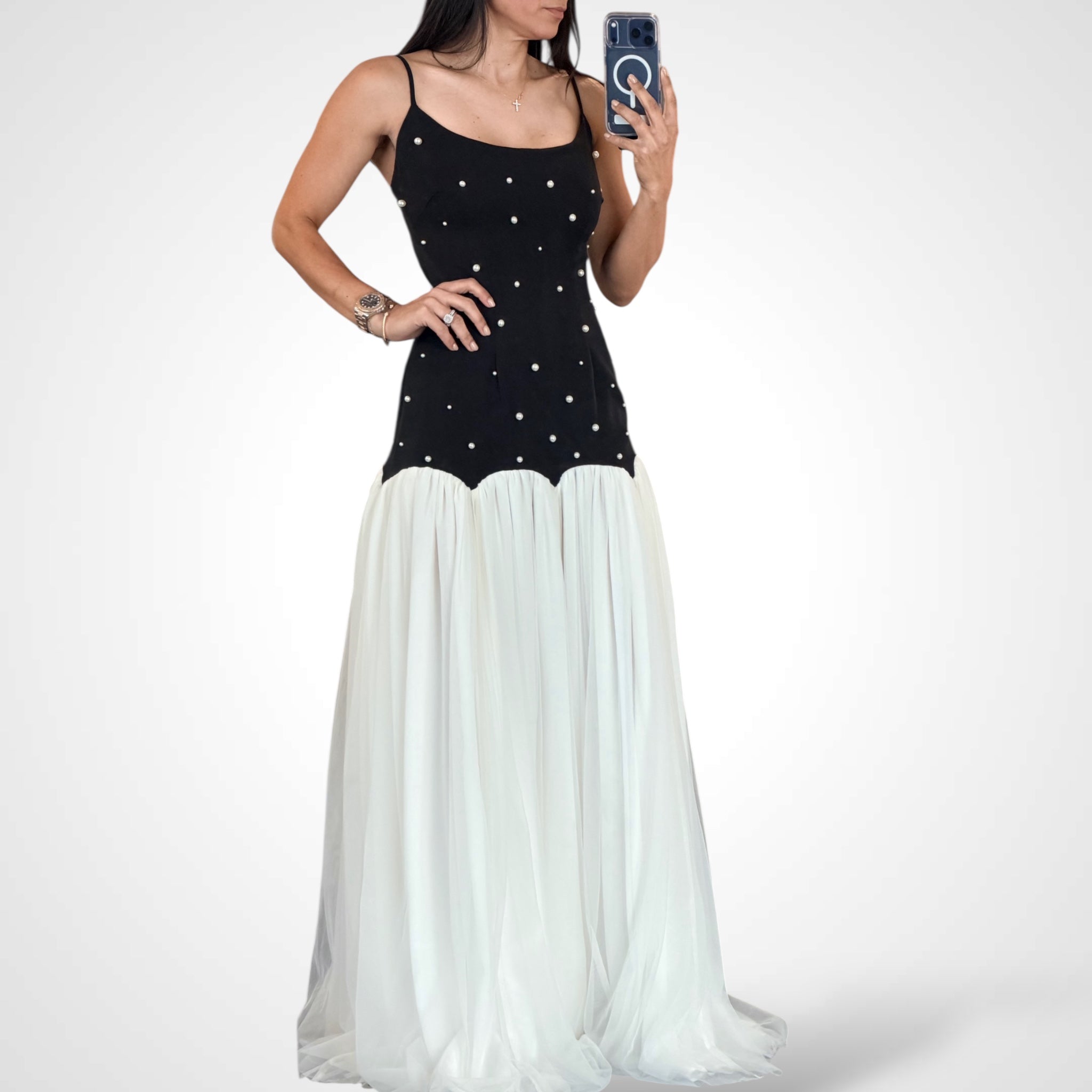 PEARL DETAILS BLACK/WHITE MAXI DRESS-1