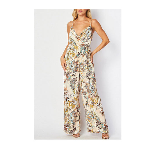 SLEEVELESS SURPLICE MULTI PRINT WIDE LEG JUMPSUIT