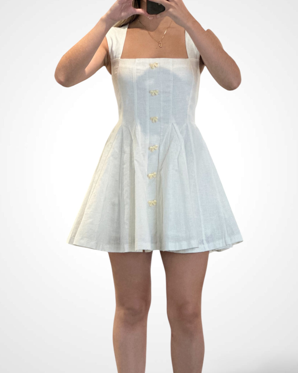LINEN RIBBON-SHAPED BUTTON DECO MINI DRESS