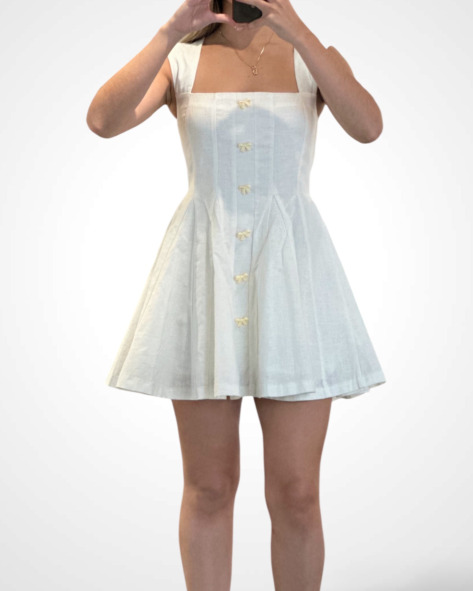 LINEN RIBBON-SHAPED BUTTON DECO MINI DRESS