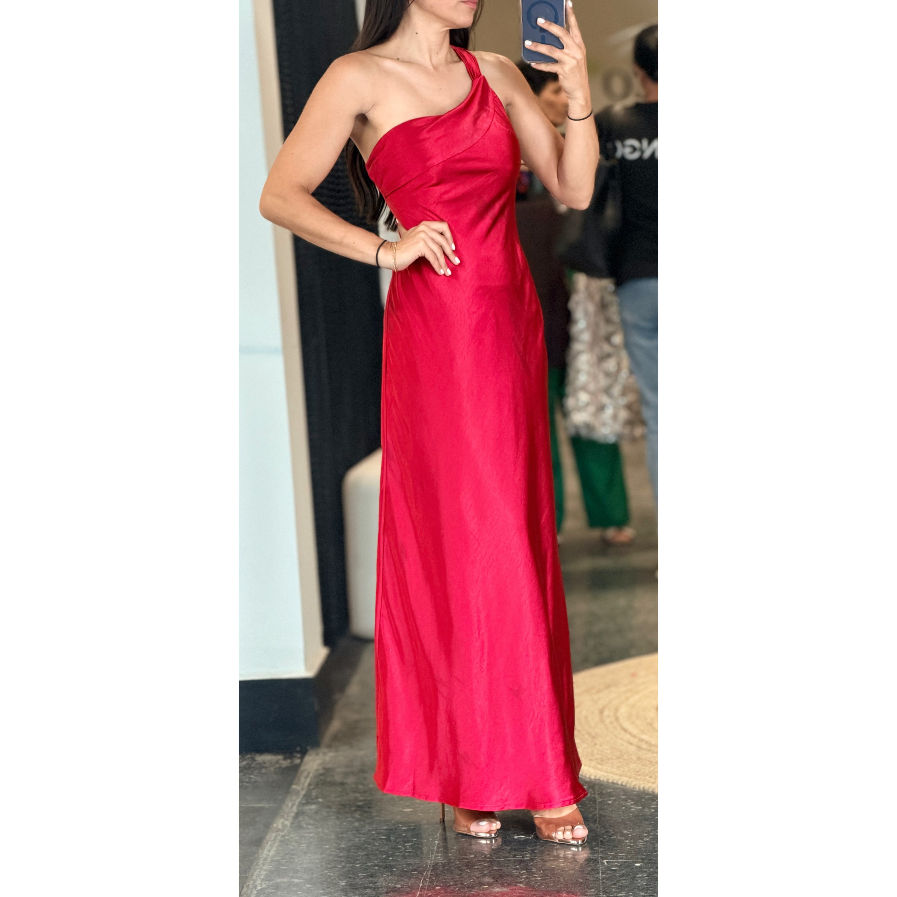 One Shoulder Satin Maxi Dress•