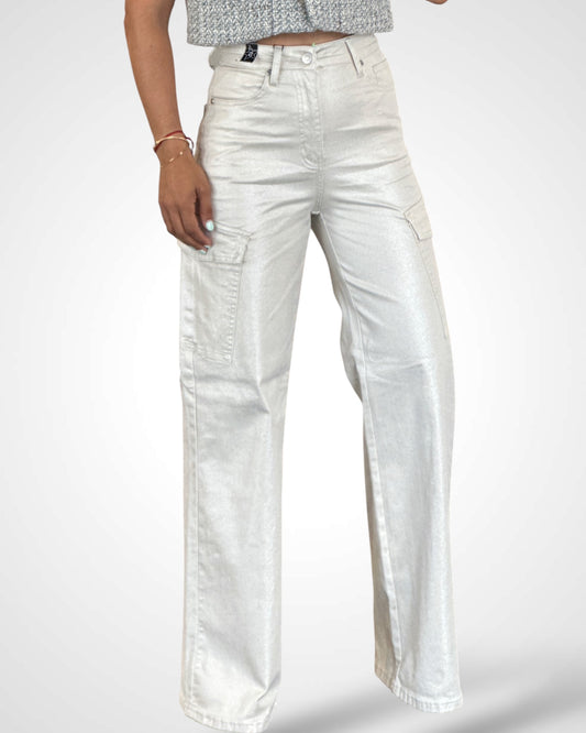GLITTER HIGH-RISE CARGO WIDE LEG JEANS