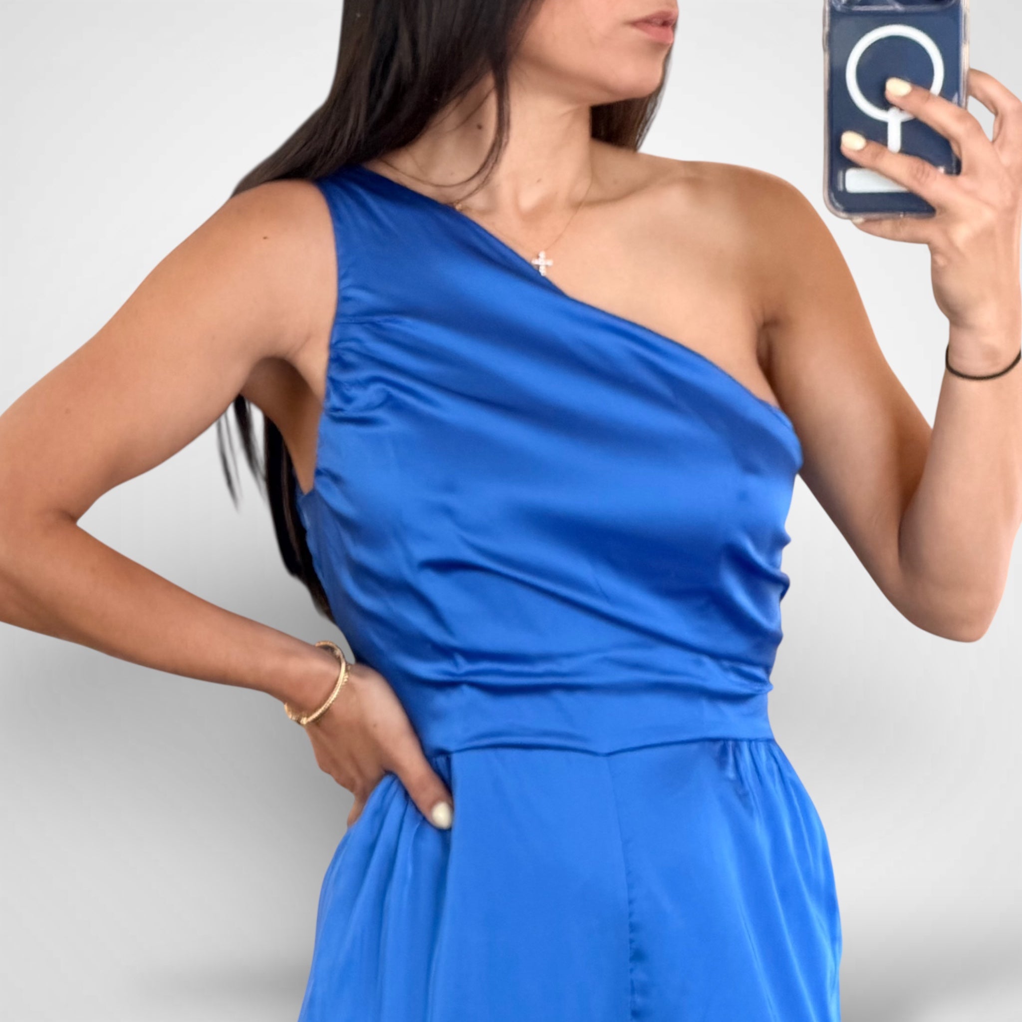 Sleeveless One Shoulder Satin Jumpsuit•-2