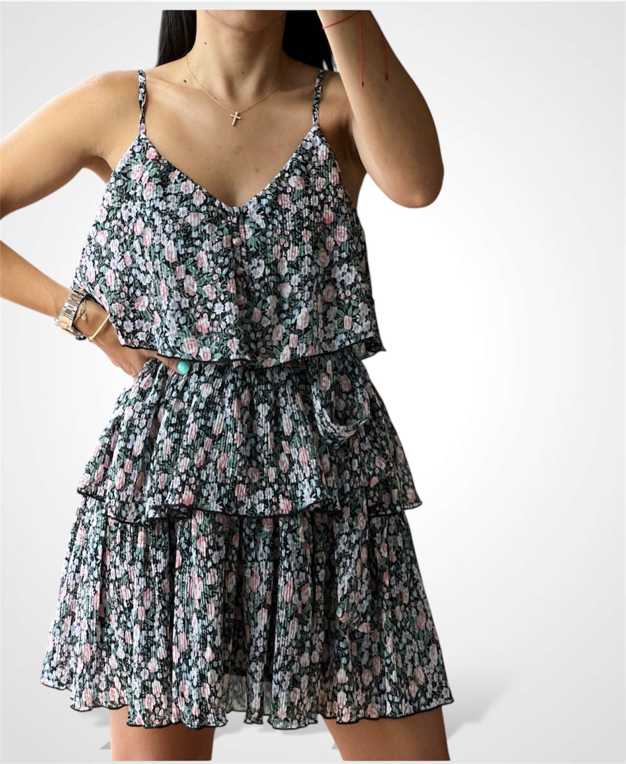 PLEATED CHIFFON FLORAL PRINT RUFFLE TIERED DRESS•