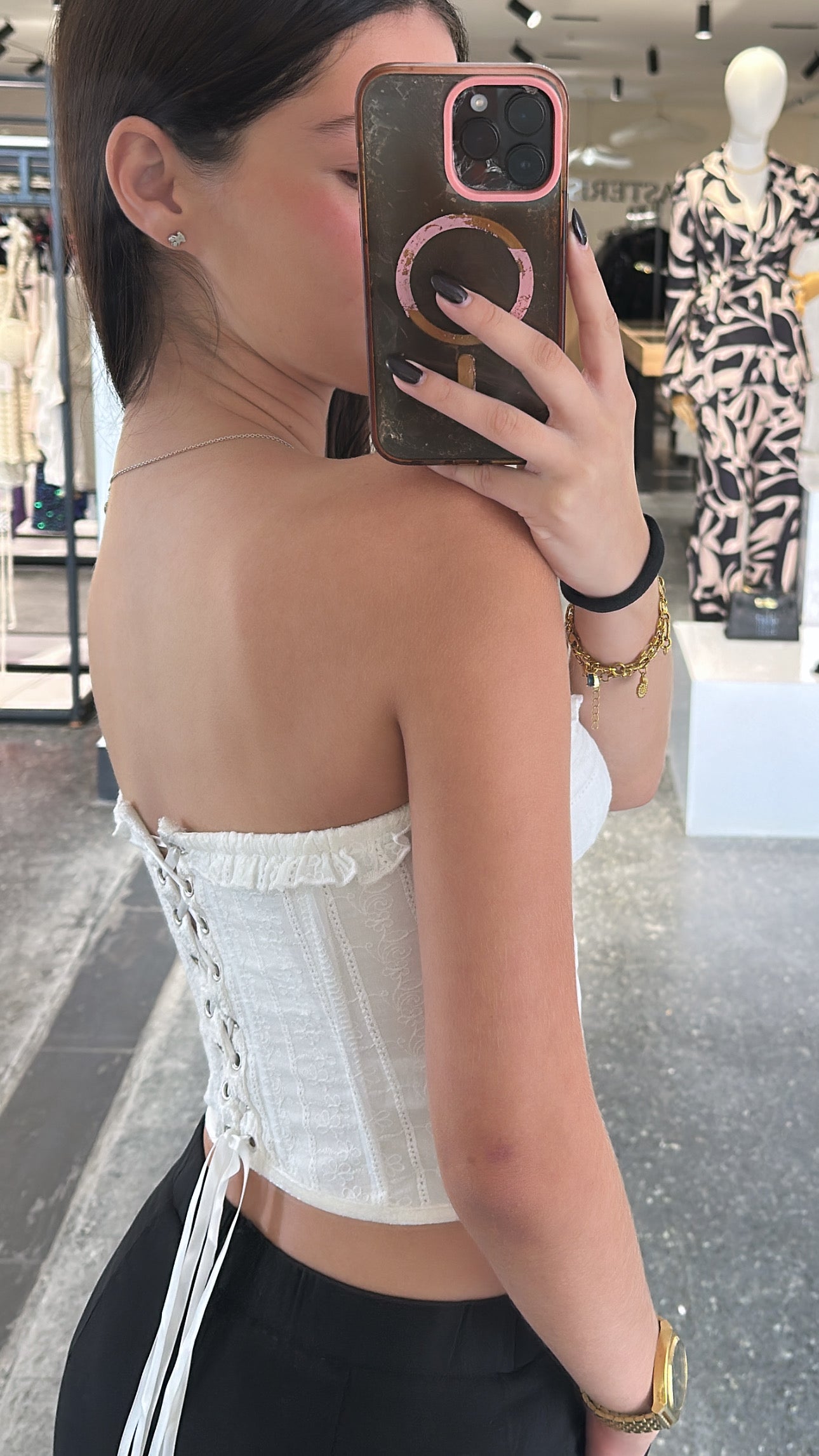 White Eyelet Corset Style Crop Top•-2