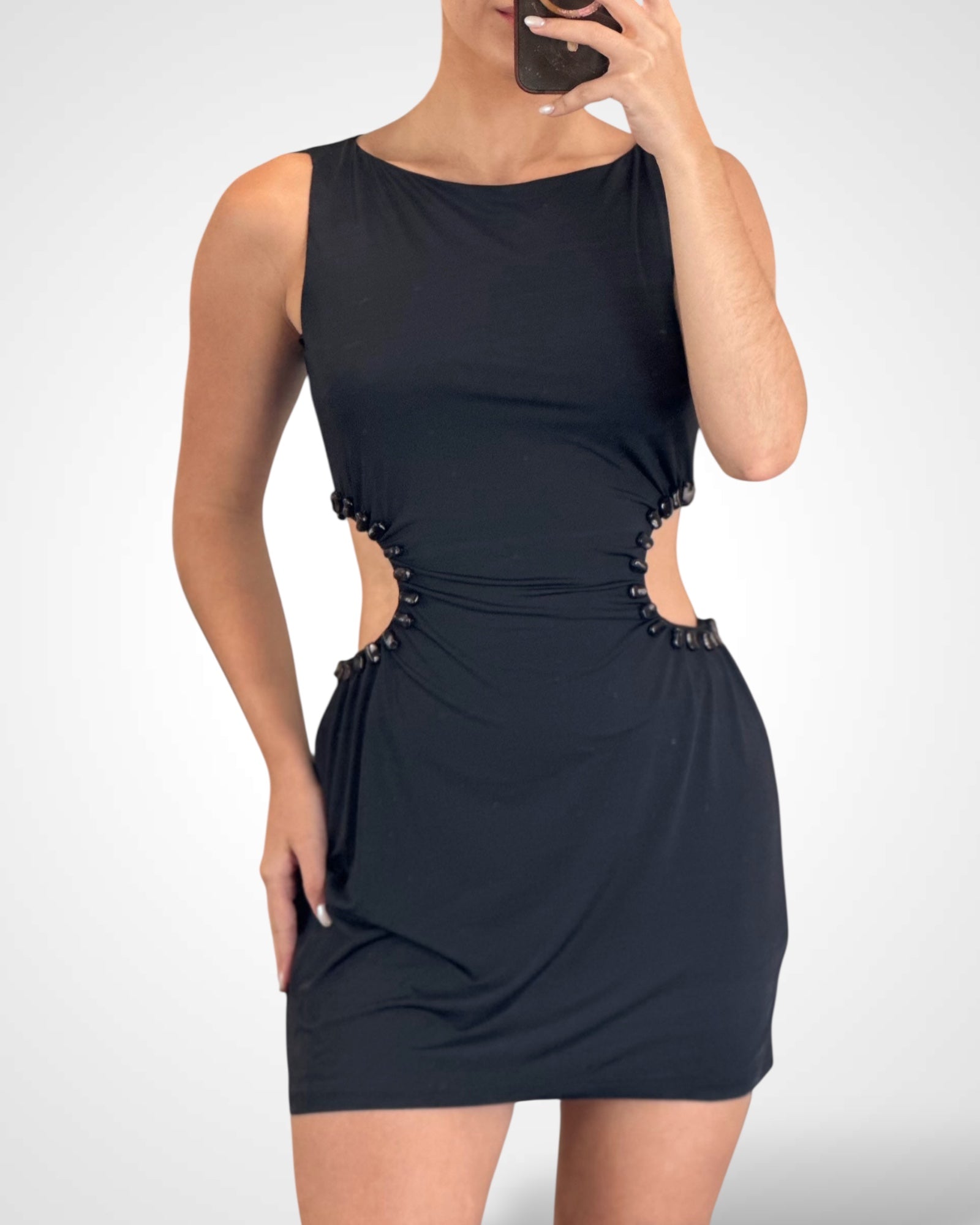 BLACK SIDE CUTOUT STONE EMBELISHMENT A-LINE MINI DRESS•