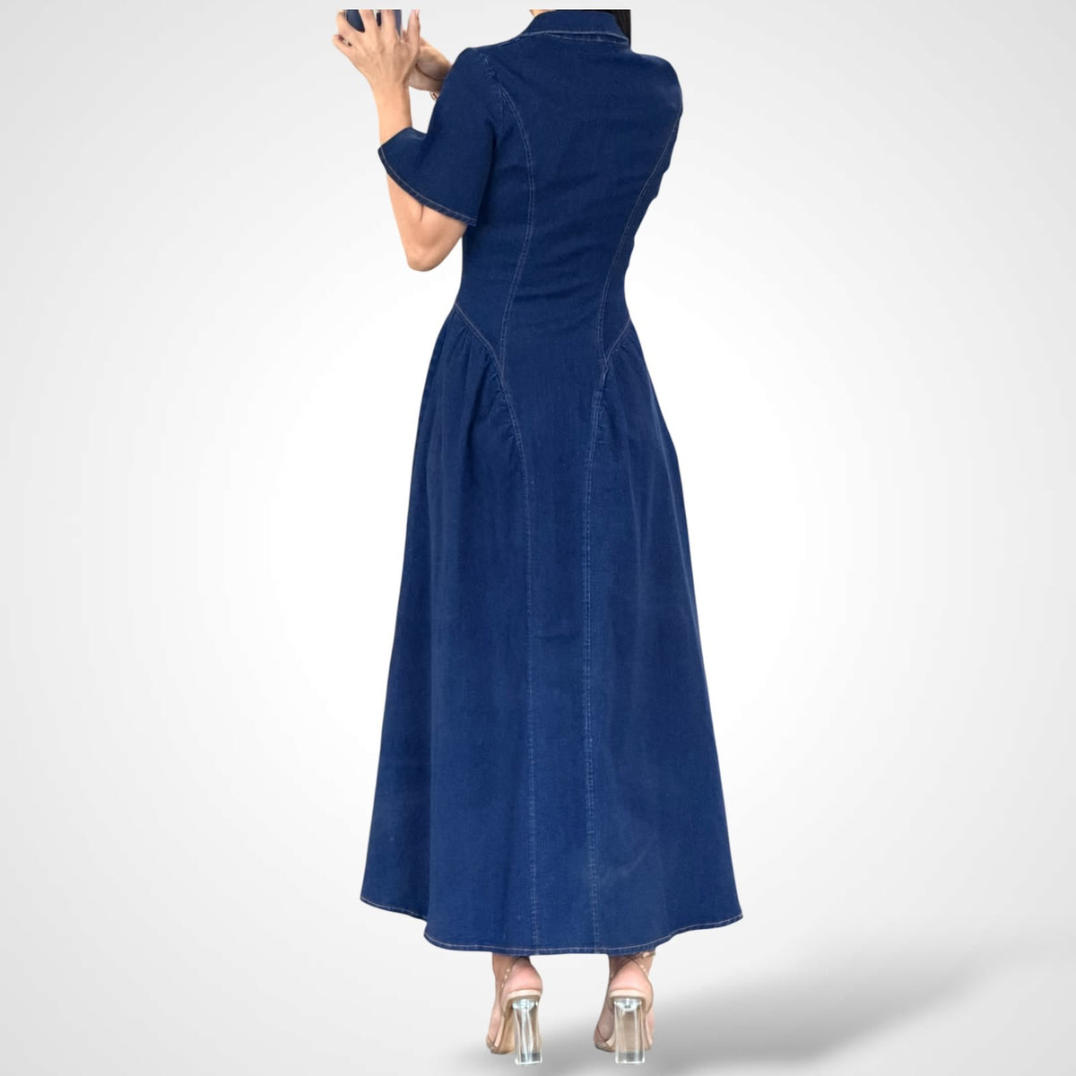 Fitted Denim Maxi Dress•-3