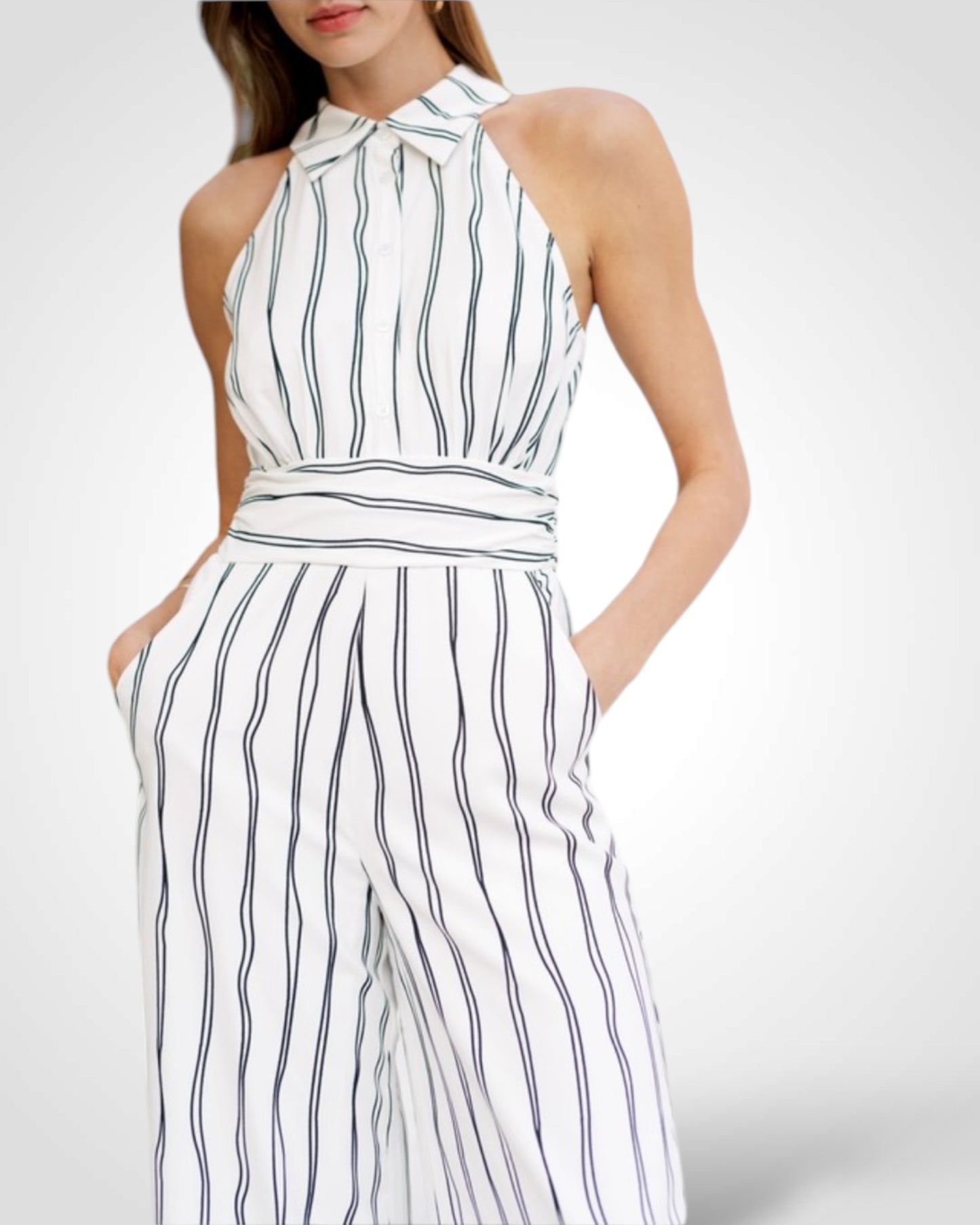 Striped Collared Sleeveless Jumpsuit