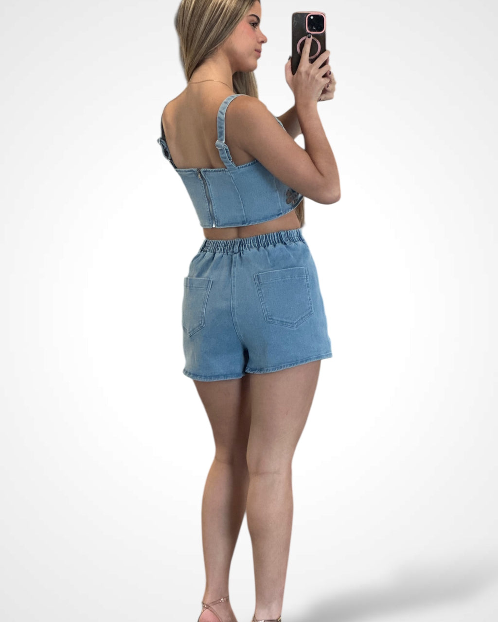 SJQ-Embroidered Denim Crop Top W/ Matching Shorts