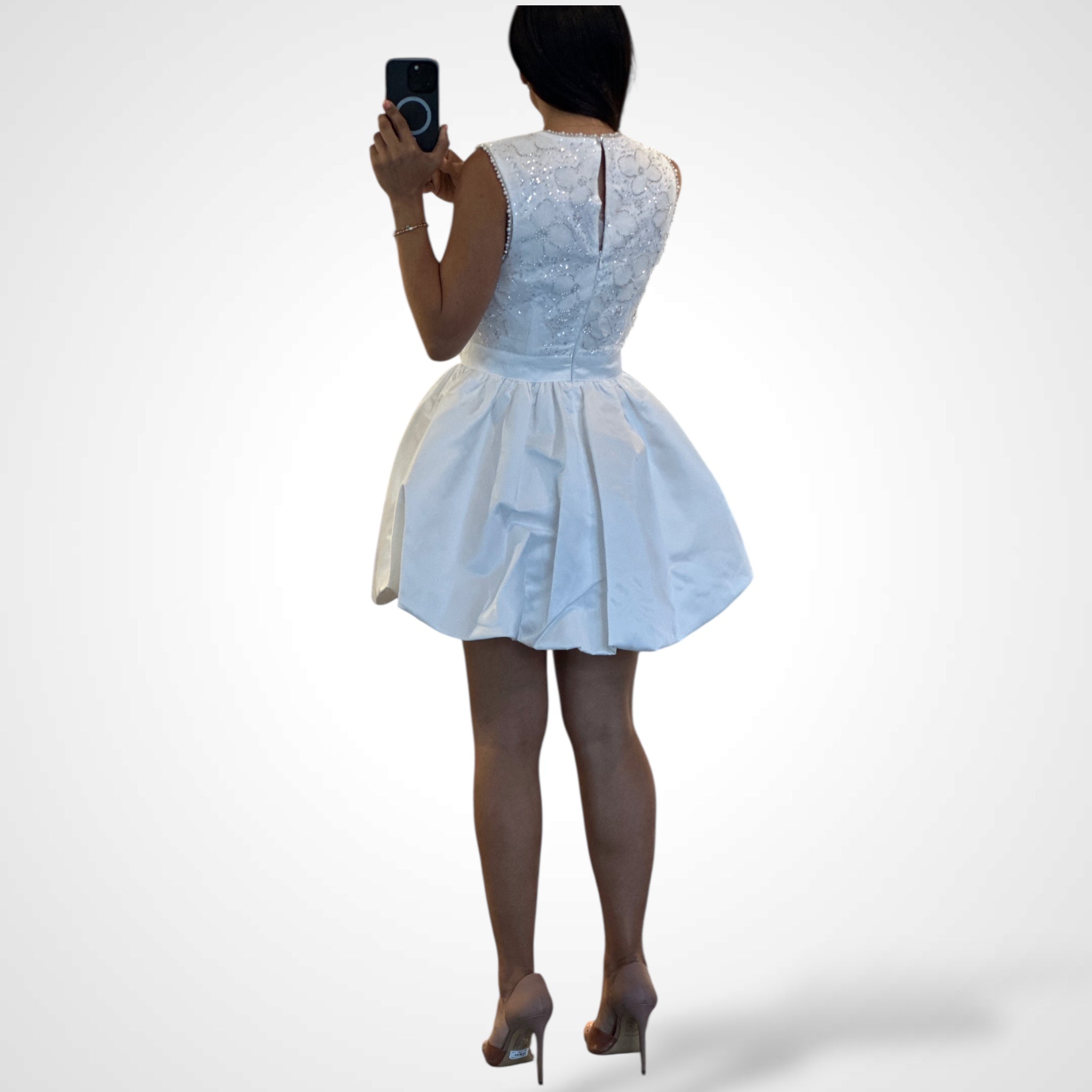 BOW FRONT BEADED LACE BUBBLE HEM MINI DRESS