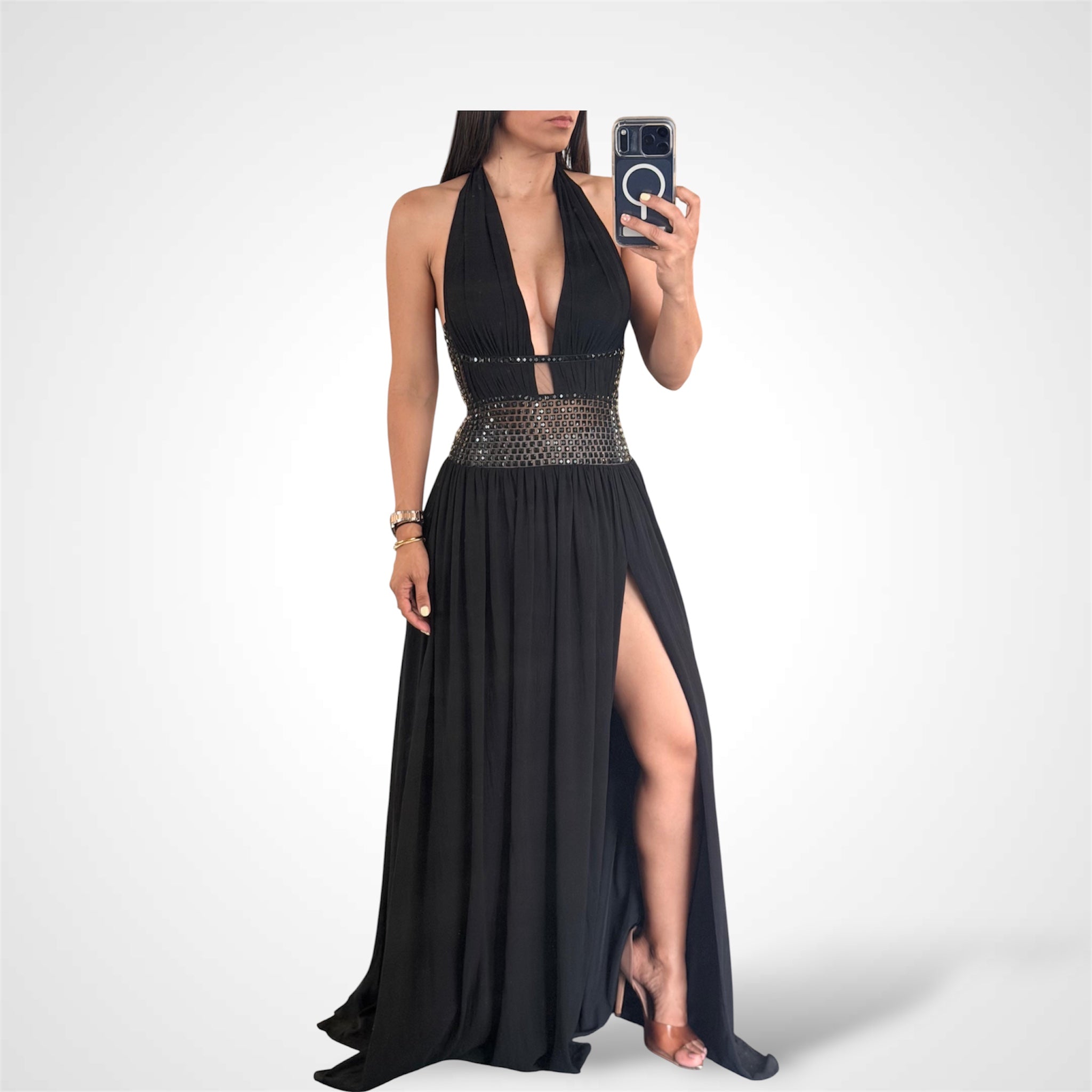 DEEP V-NECK & HALTER-STYLE SLIT
RHINESTONES MAXI DRESS