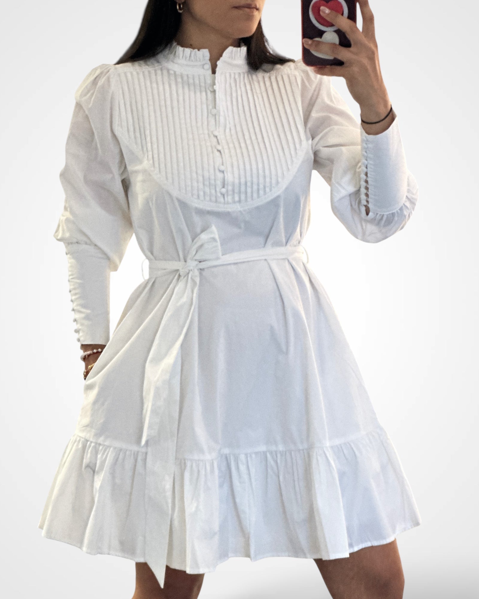 Button Up Self Tie Pockets Tiered Mini Dress•