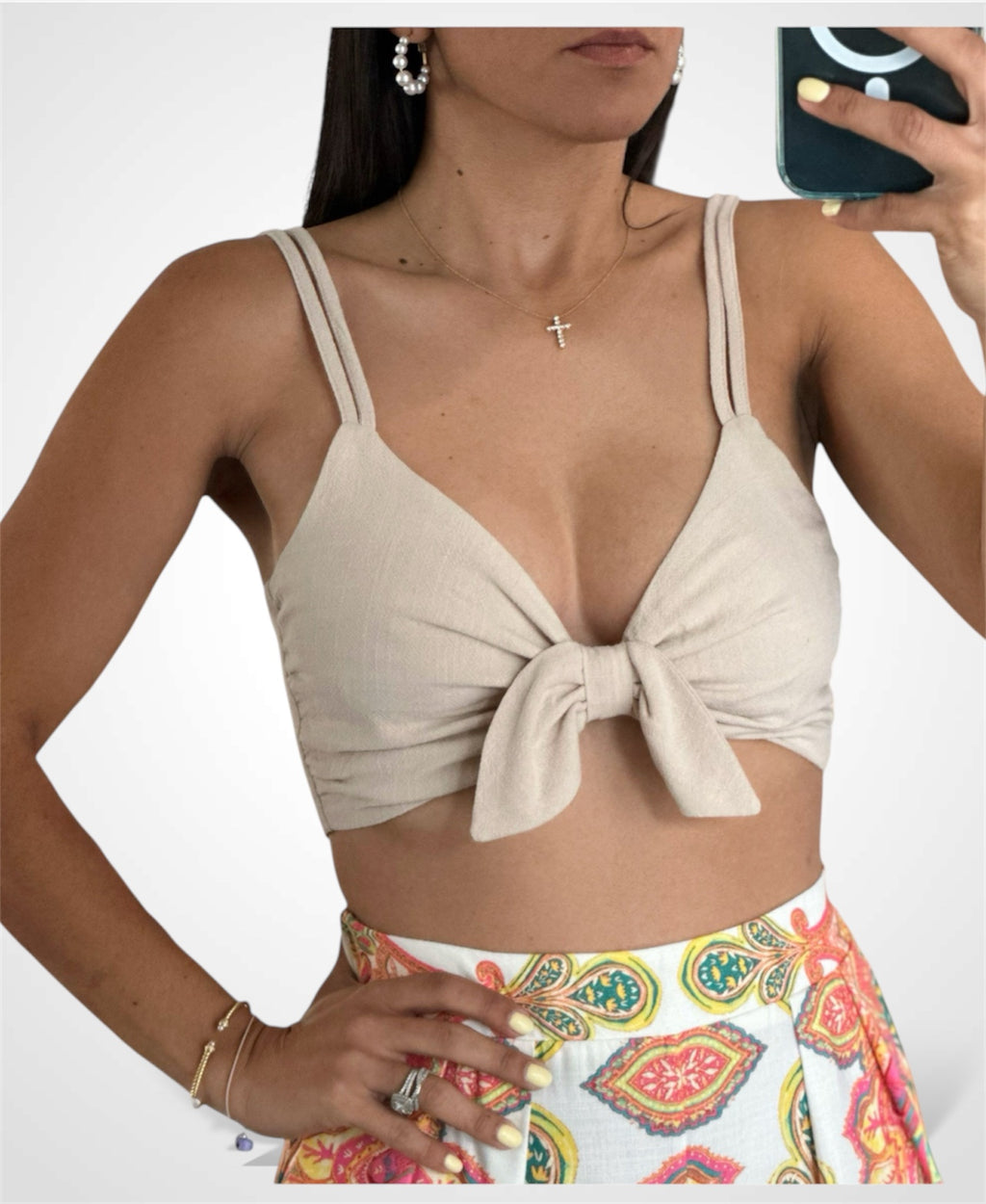 NATURAL LINEN RIBBON BRA TOP