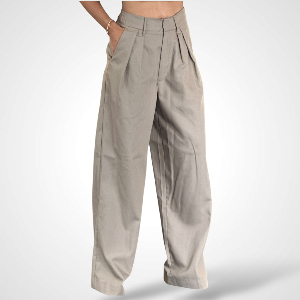 KHAKI MID-RISE PINTUCK SUIT PANTS