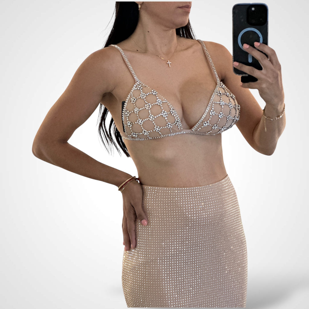 Rhinestone embellished bra top and long skirt