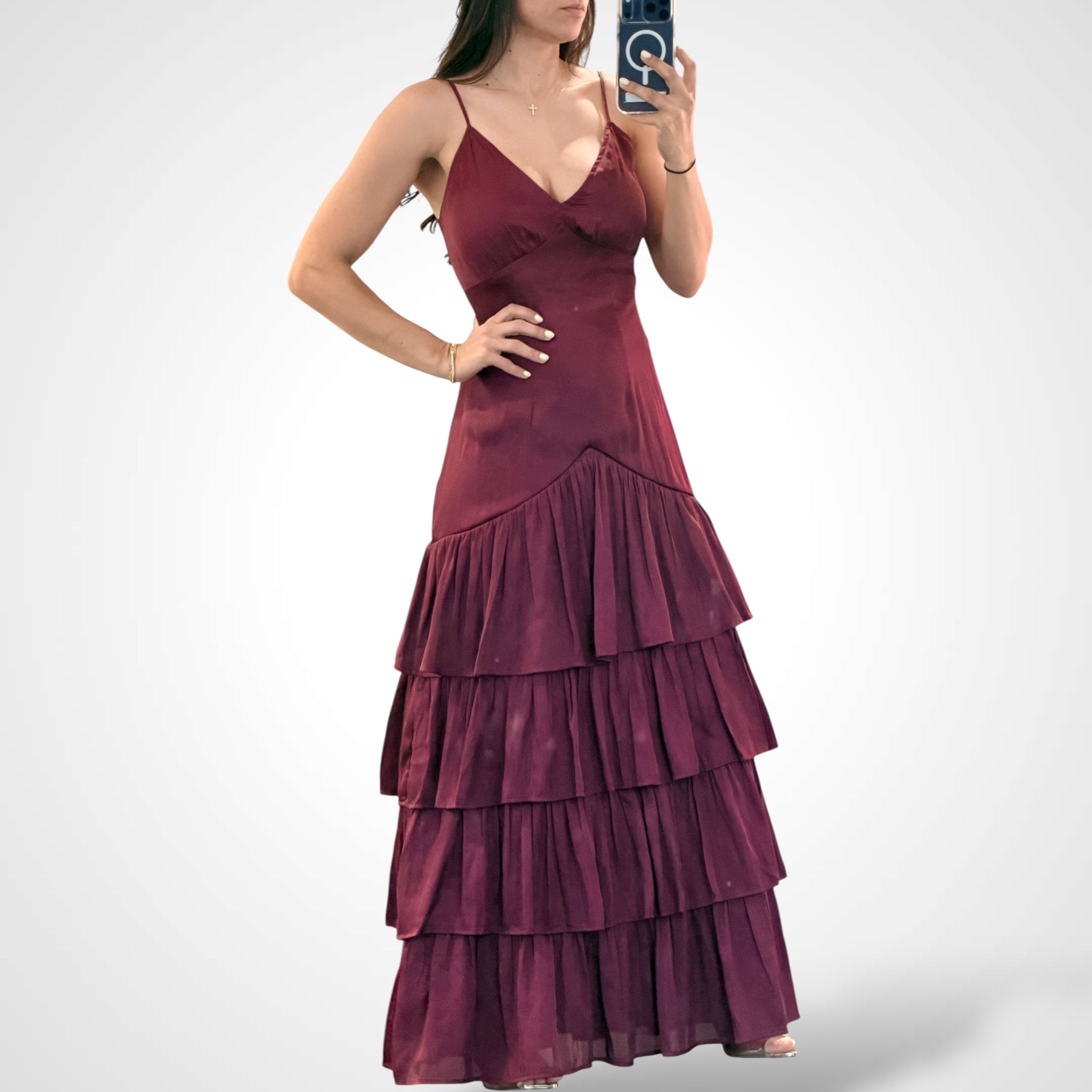 Burgundy Adjustable Spaghetti Strap Ruffle Tiered Dress•