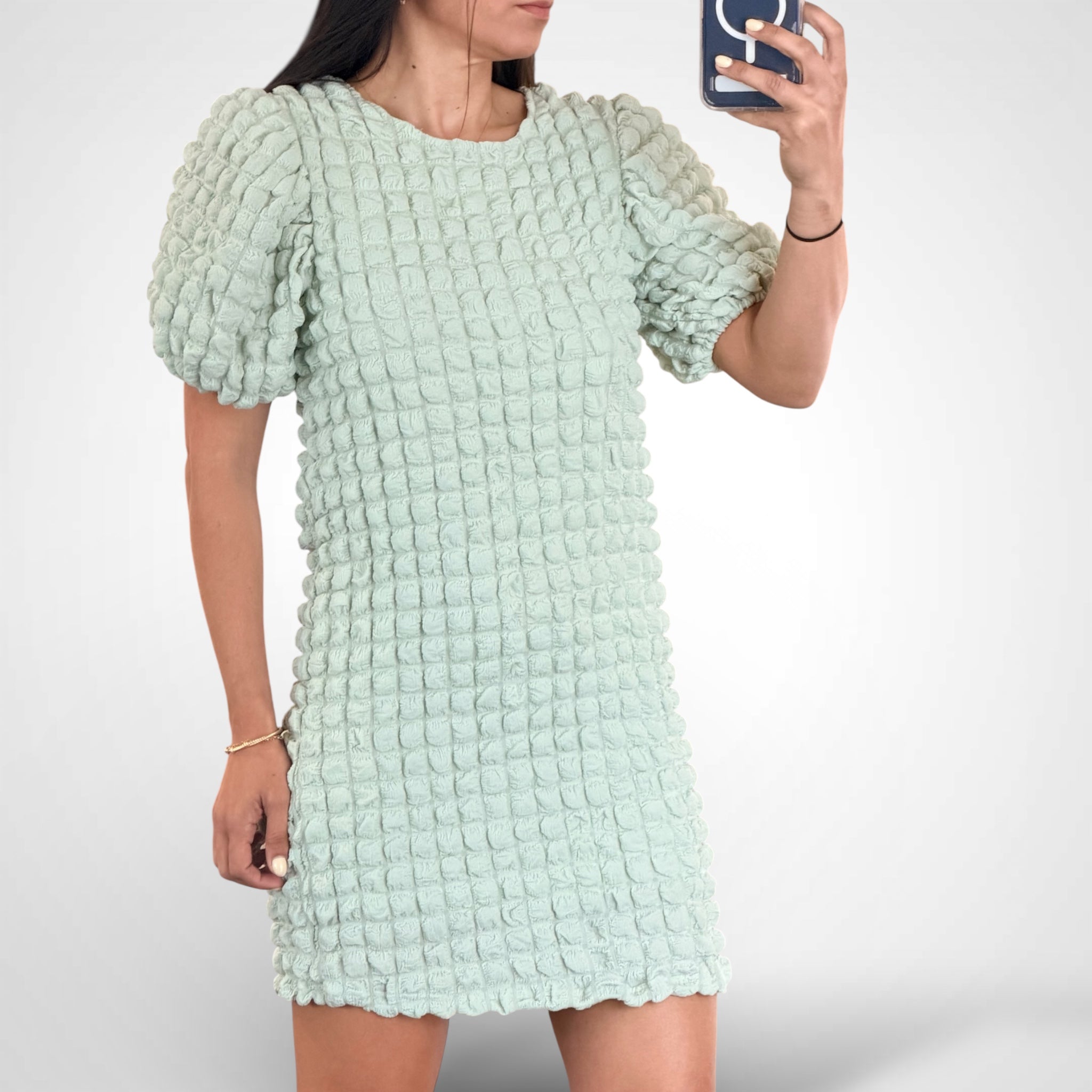 Puff Short Sleeves Textured Woven Mini Dress•