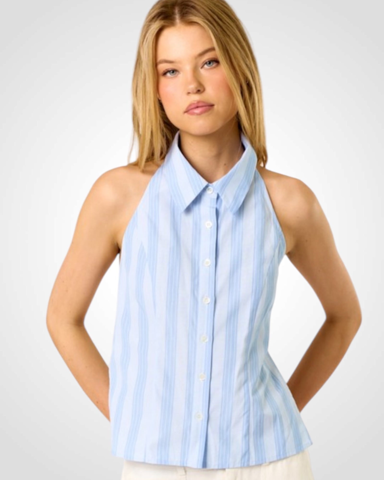 SLEEVELESS HALTER BACK TIE BUTTON DOWN TOP-1