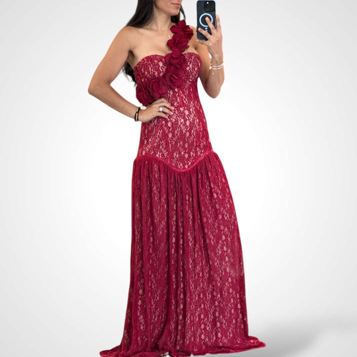 FLOWER DETAIL BURGUNDY MAXI DRESS