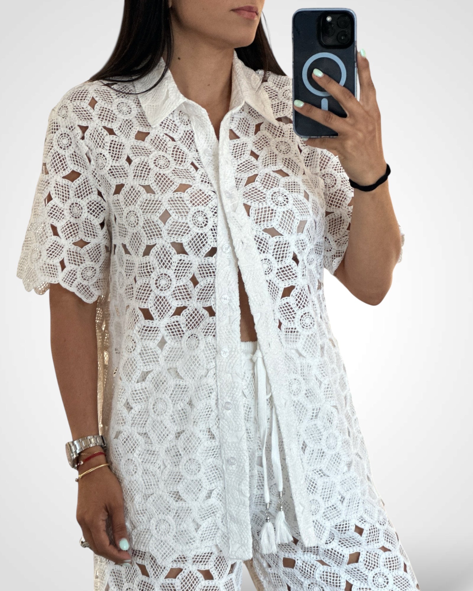 Short Sleeve Top And High Waist Crochet Pants Set White•-2