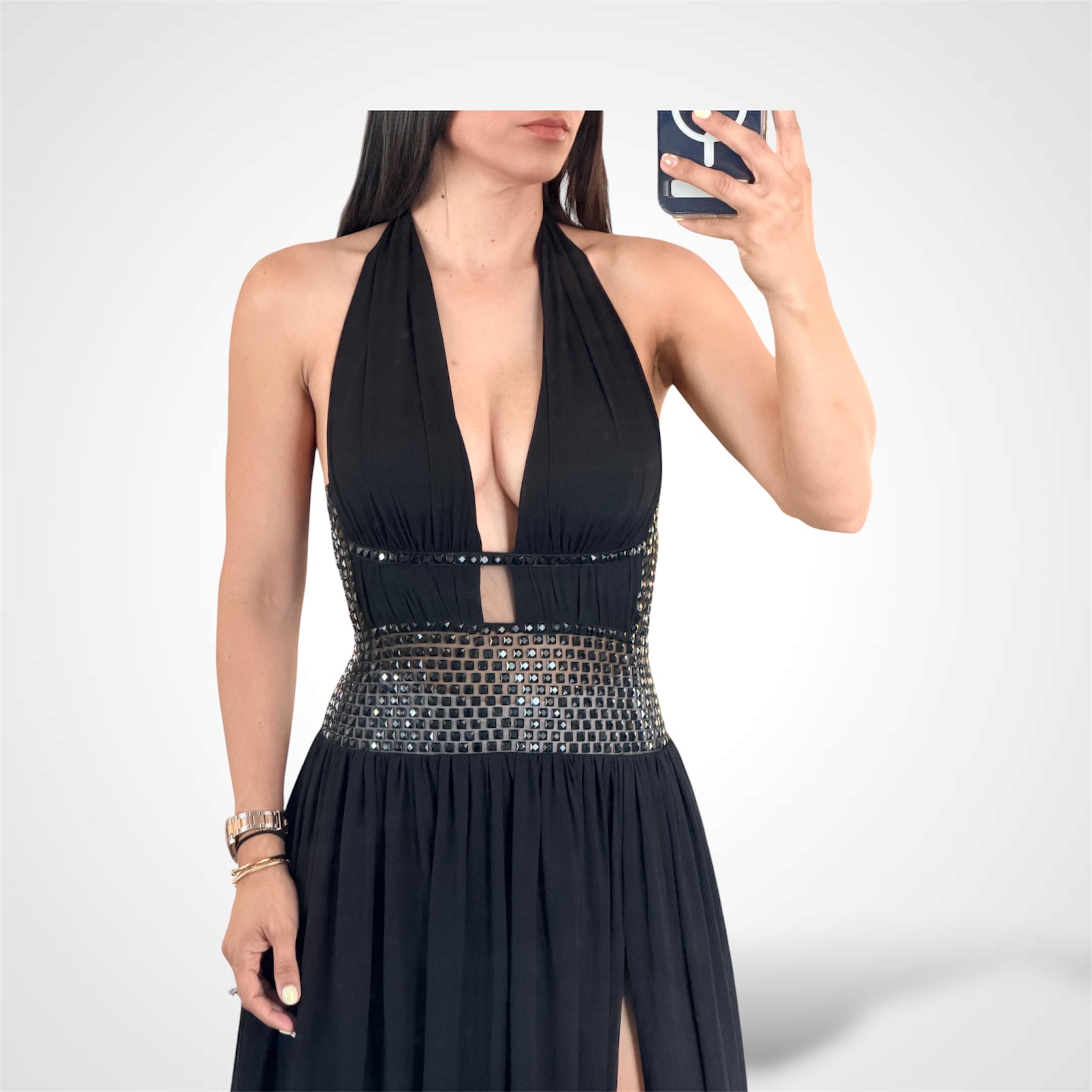 DEEP V-NECK & HALTER-STYLE SLIT
RHINESTONES MAXI DRESS-2