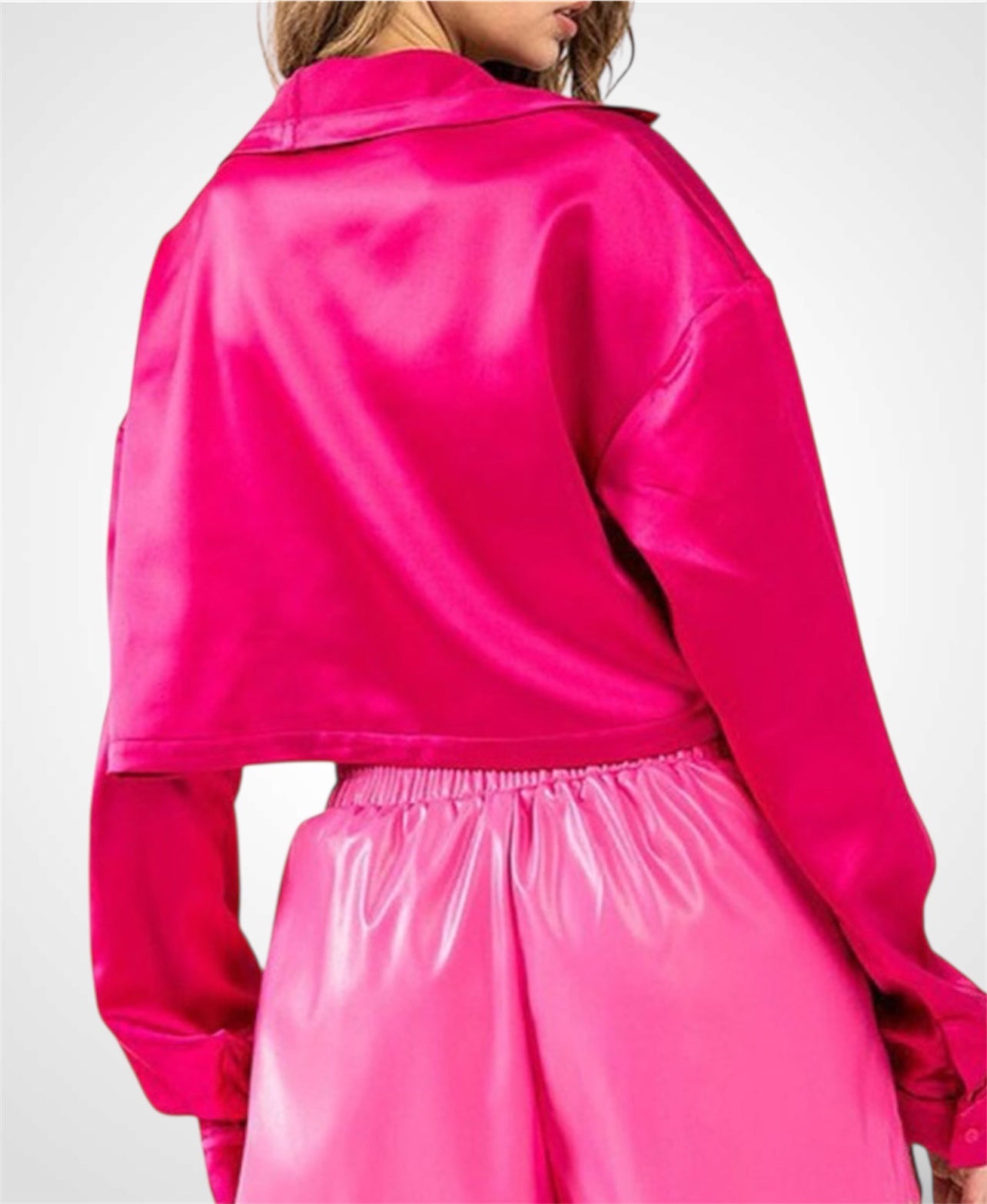 MAGENTA LONG SLEEVE BUTTON UP SATIN BLOUSE TOP•-2