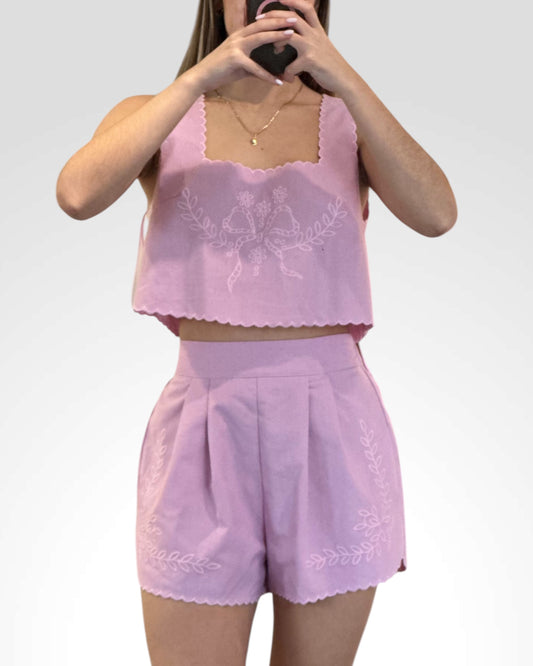 EMBROIDERED CROP TOP AND SHORTS SET