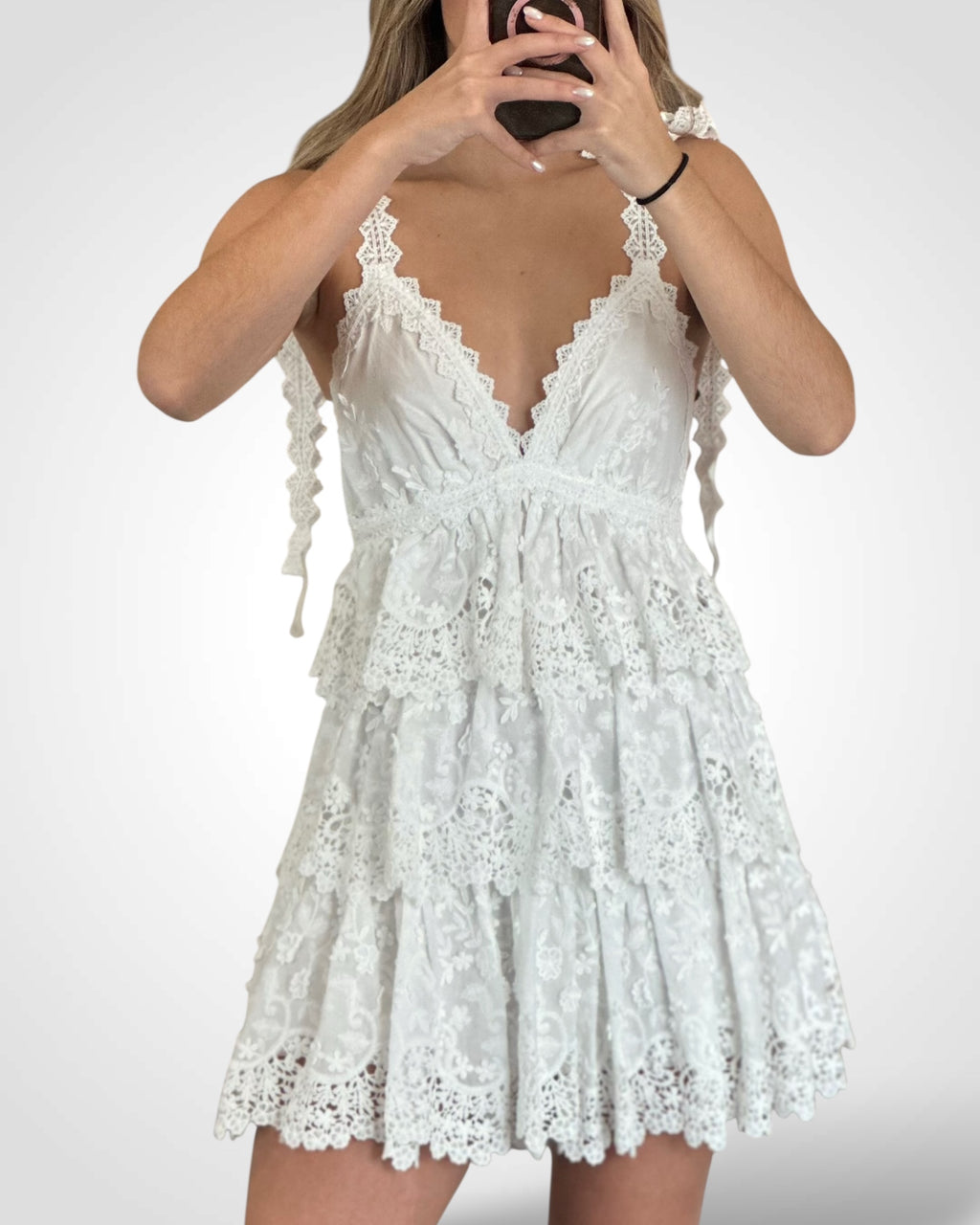 Crochet Lace Plunging V Neck Tiered Mini Dress