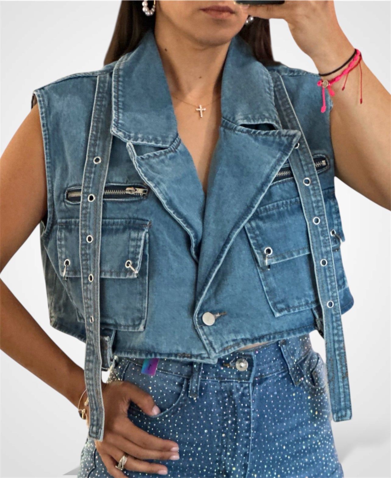 BLUE DENIM VEST TOP•