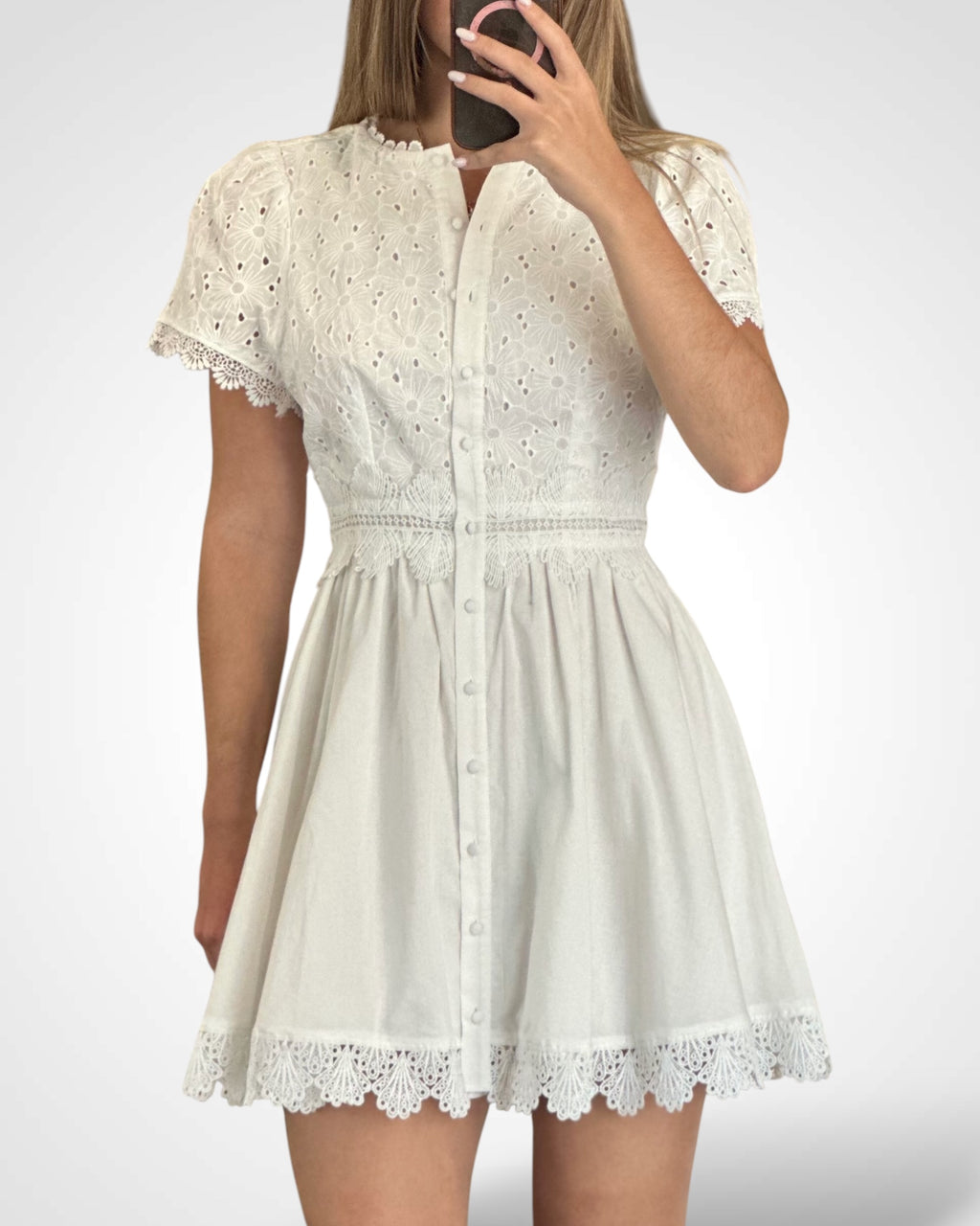 EYELET LACE FIT AND FLARE MINI DRESS