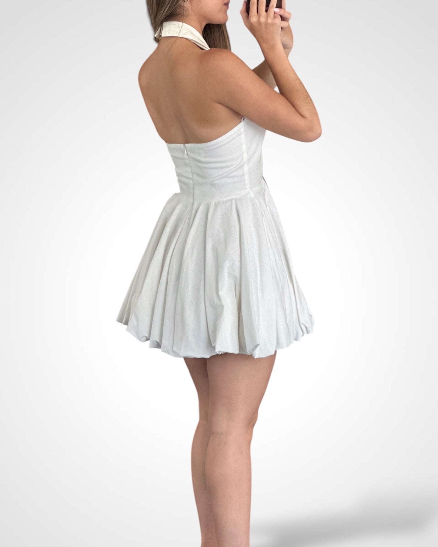 LINEN BLEND TIE BUBBLE HEM DRESS