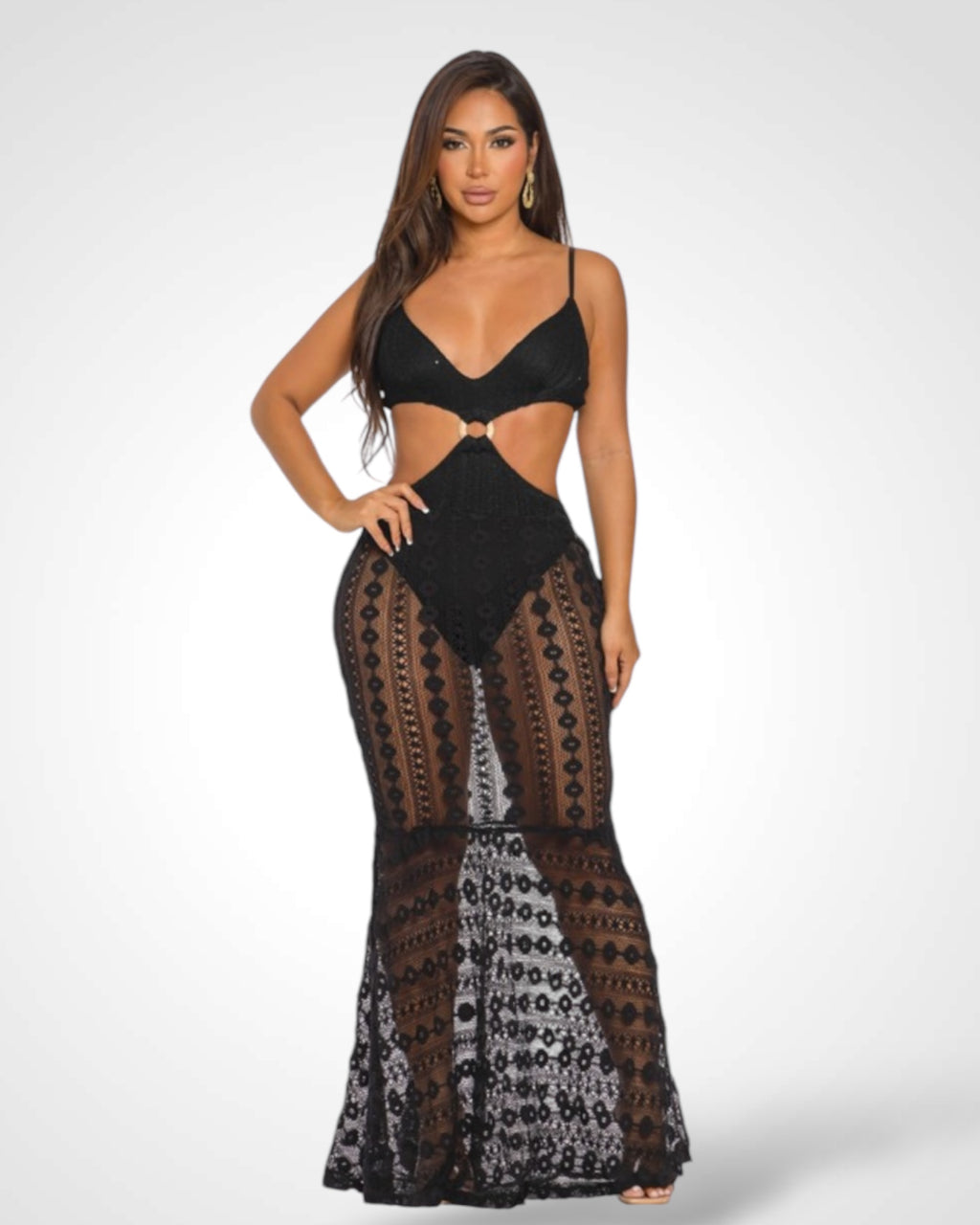 RING HOLLOW KNITTED BACKLESS MIXI DRESS