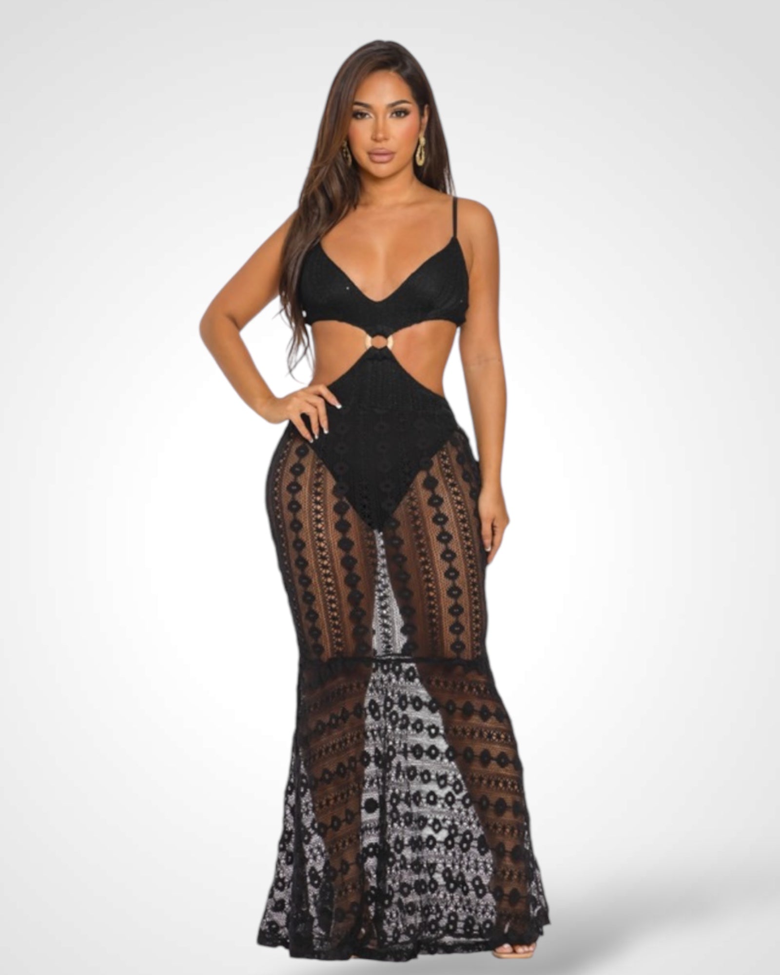 RING HOLLOW KNITTED BACKLESS MIXI DRESS