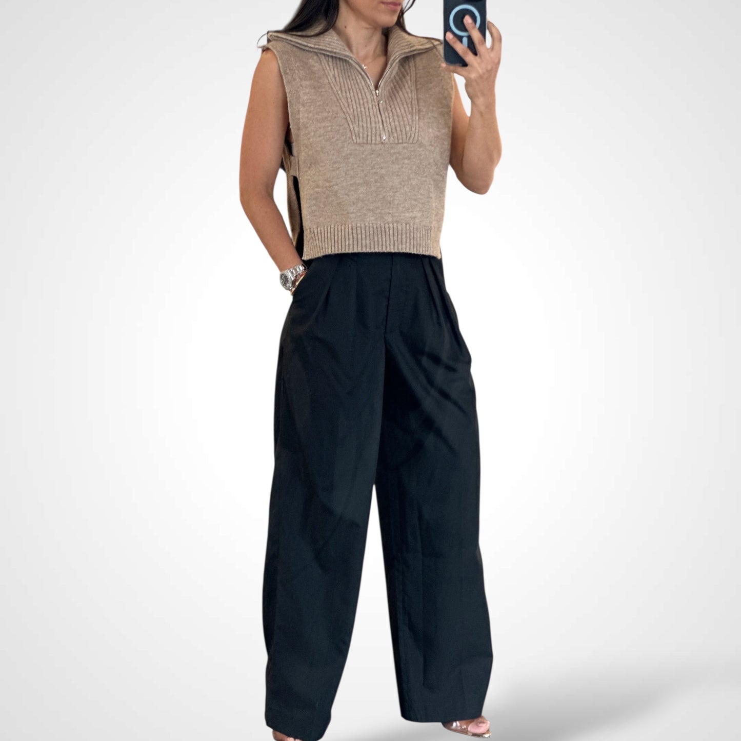 BLACK MID-RISE PINTUCK SUIT PANTS