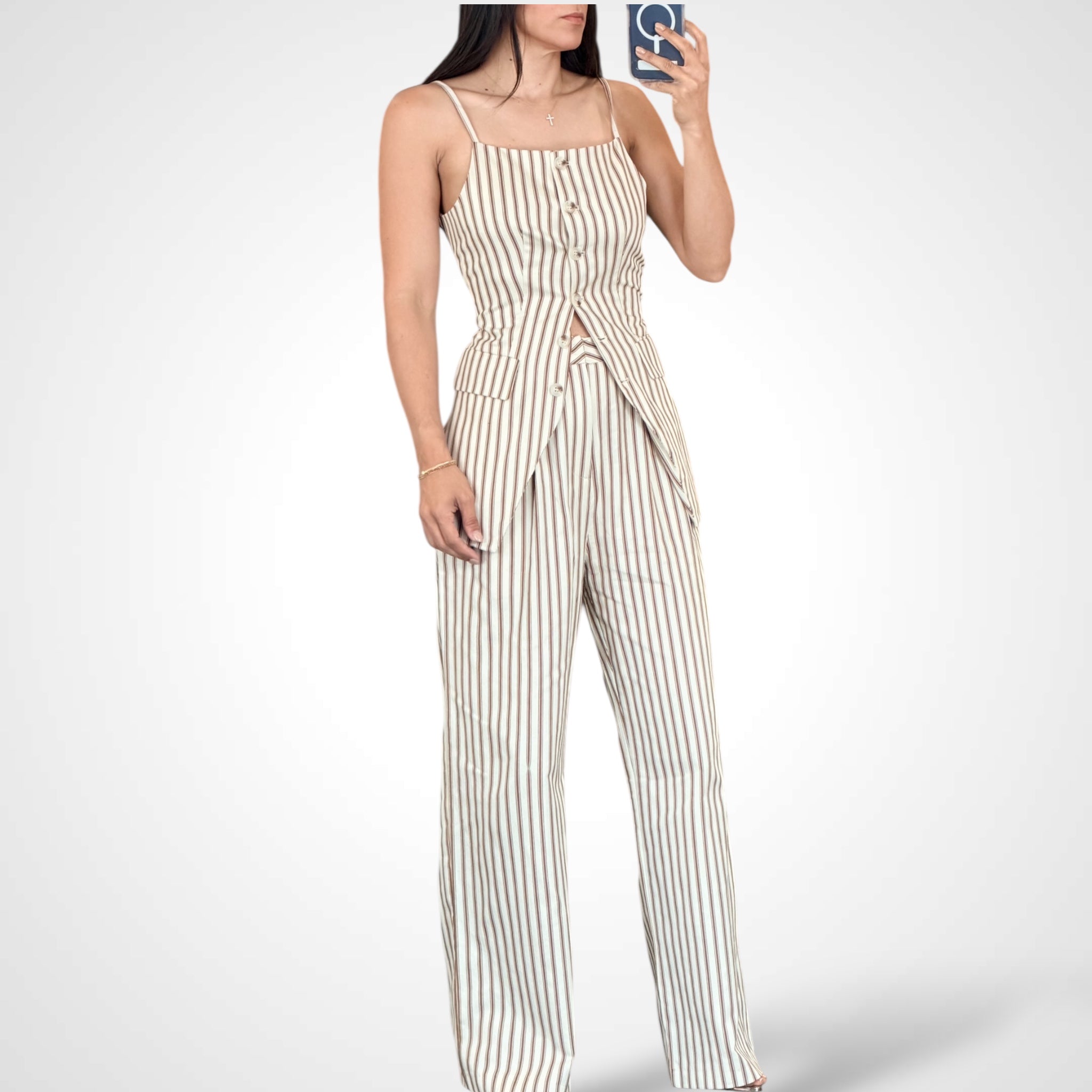 Blouse Button Closure Stripes Pants Colorblock Set•